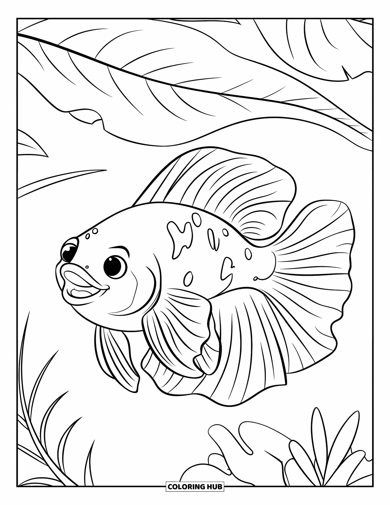 Betta Fish Coloring Page for Kids: A cheerful betta fish swims near floating leaves in a calm, clear pond