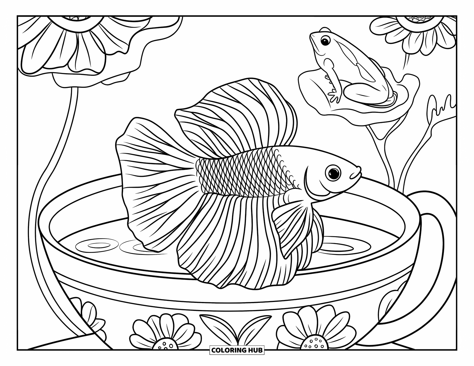 Betta Fish Coloring Page for Kids: A flowy-finned betta fish swims in a teacup near flowers and a tiny frog