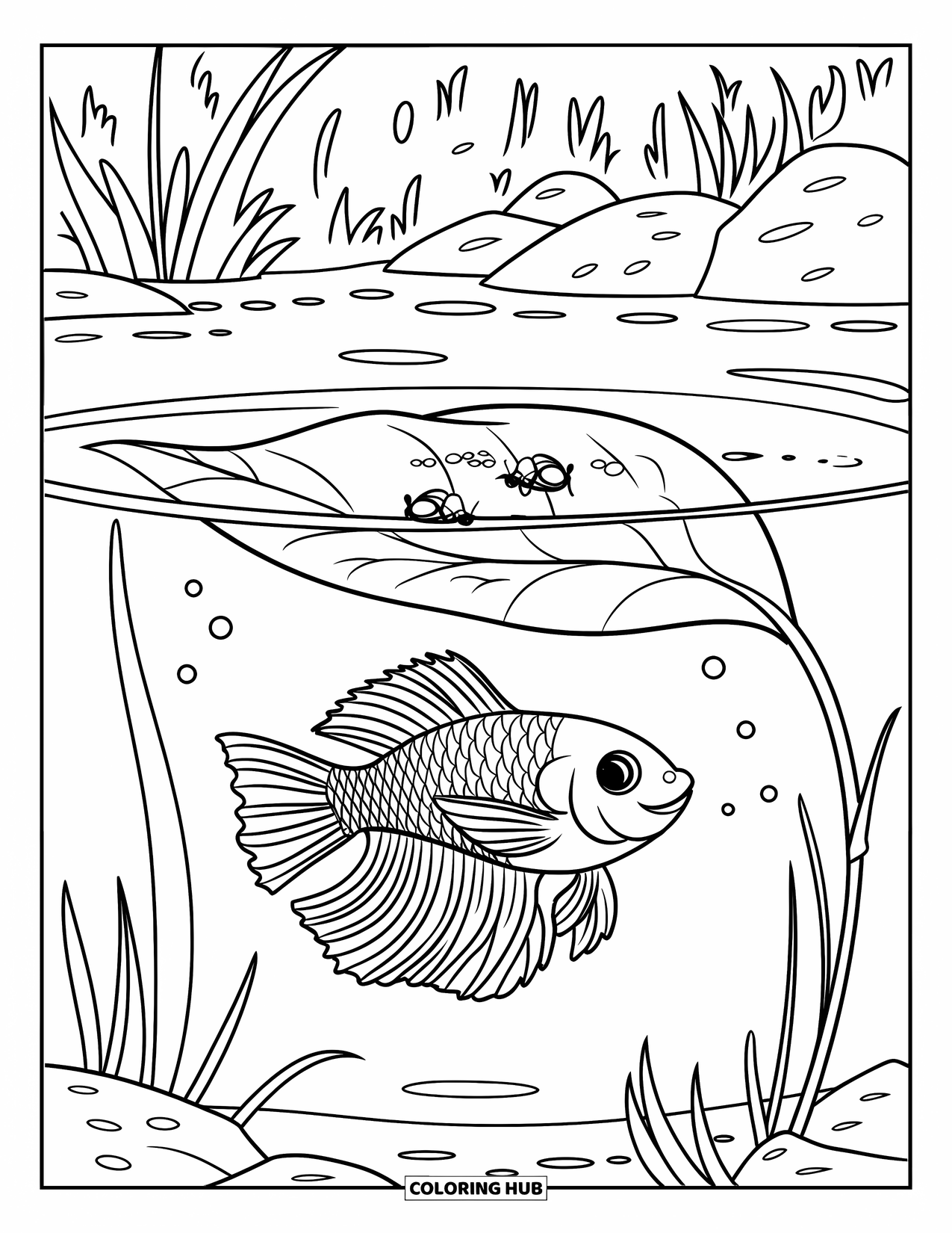 Betta Fish Coloring Page for Kids: A smiling betta fish swims near a leafy plant with bubbles in a peaceful pond