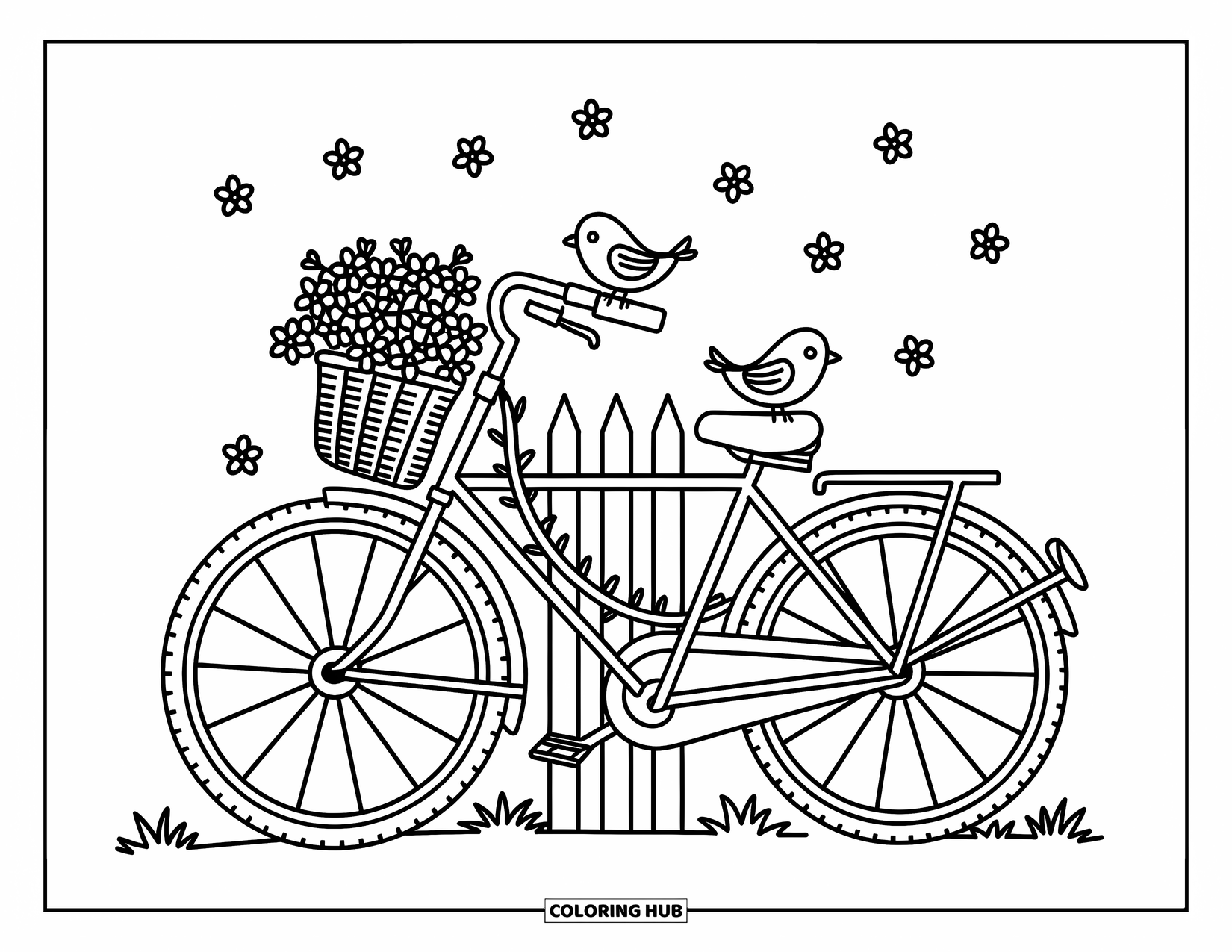 Birdhouse Coloring Page for Adults: A bike by a fence carries flowers and playful birds with petals floating nearby