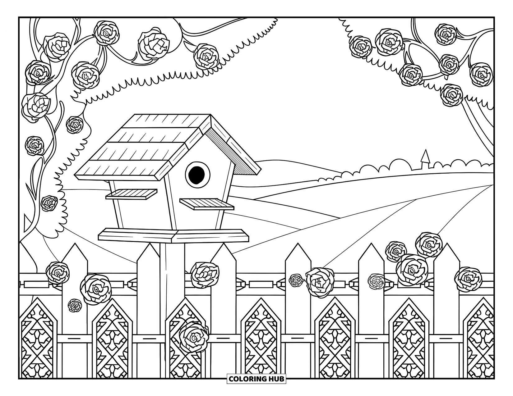Birdhouse Coloring Page for Adults: A birdhouse on a post surrounded by roses and patterned garden fences