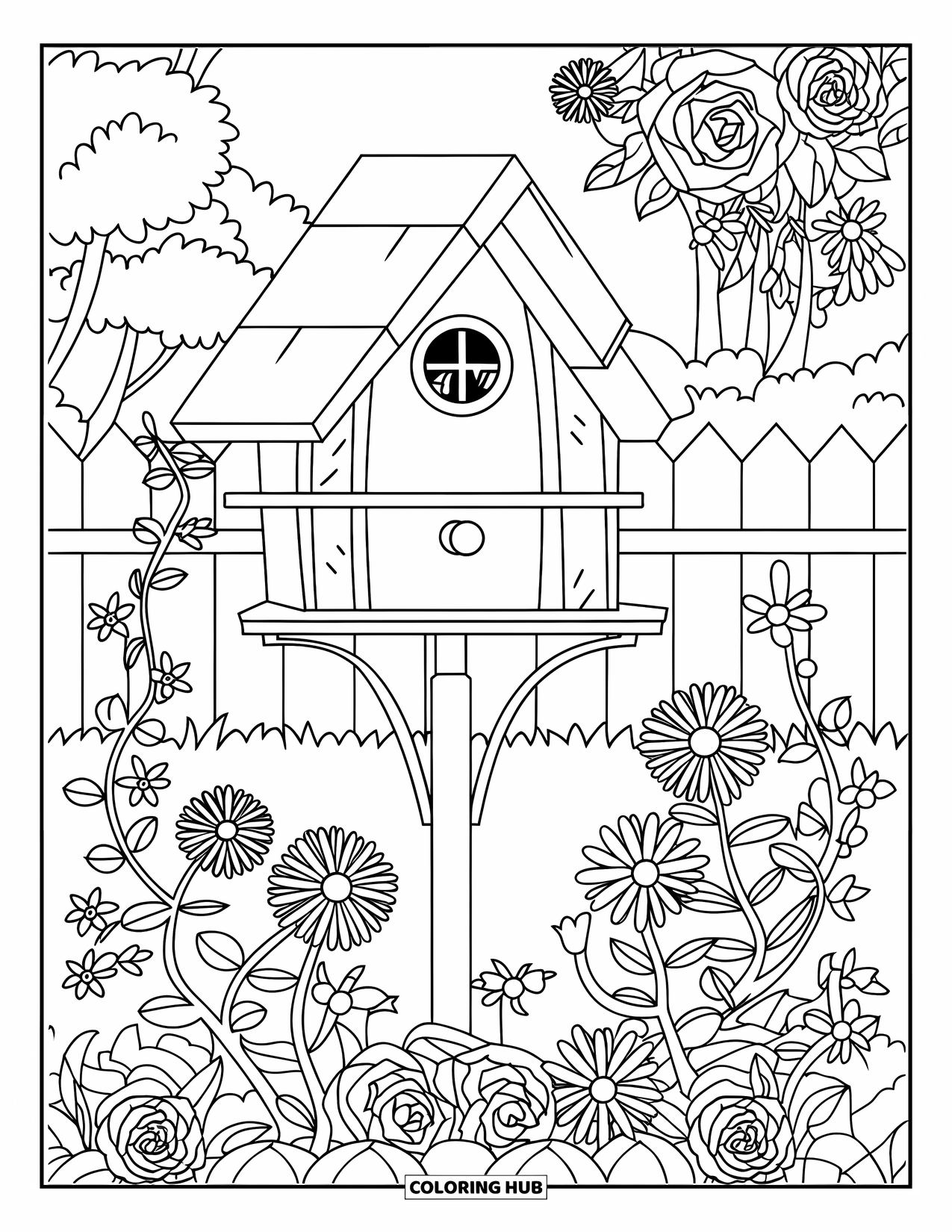 Birdhouse Coloring Page for Adults: A birdhouse stands in a cozy garden full of layered flowers and trees