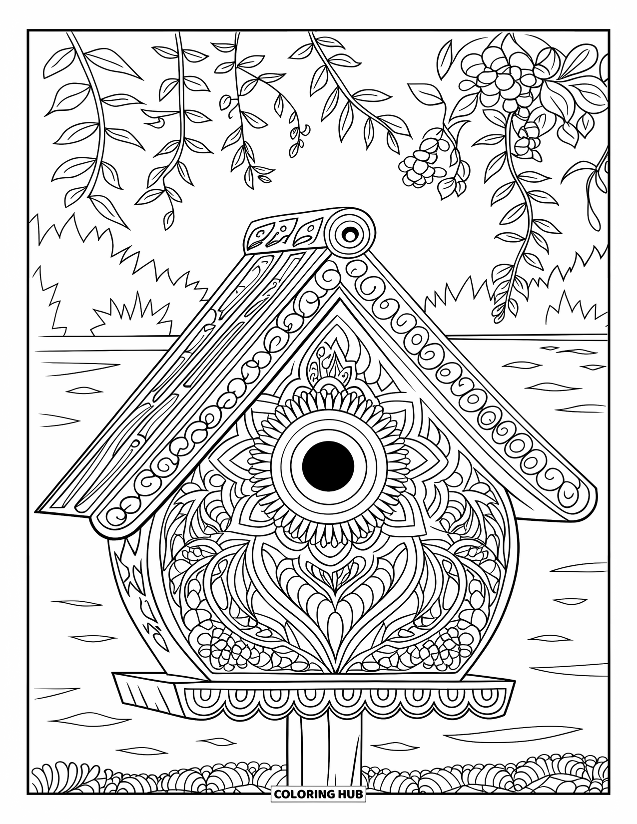 Birdhouse Coloring Page for Adults: A carved birdhouse on a post surrounded by mandalas, vines, and calm scenery