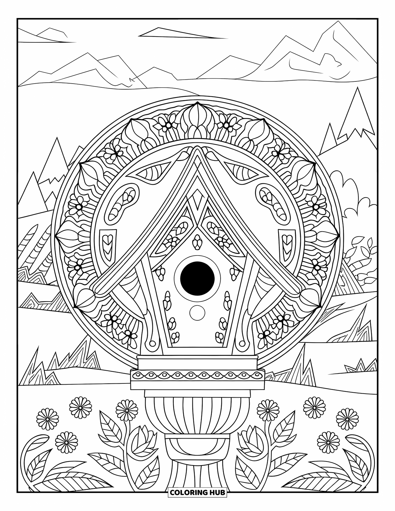Birdhouse Coloring Page for Adults: A carved birdhouse rests on a pedestal with botanical mandalas and forest views