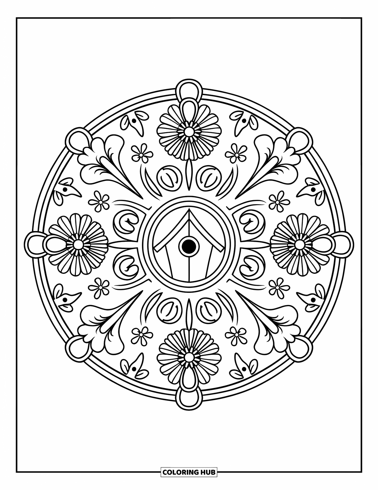 Birdhouse Coloring Page for Adults: A circular design with a birdhouse in the center and floral symmetry around it