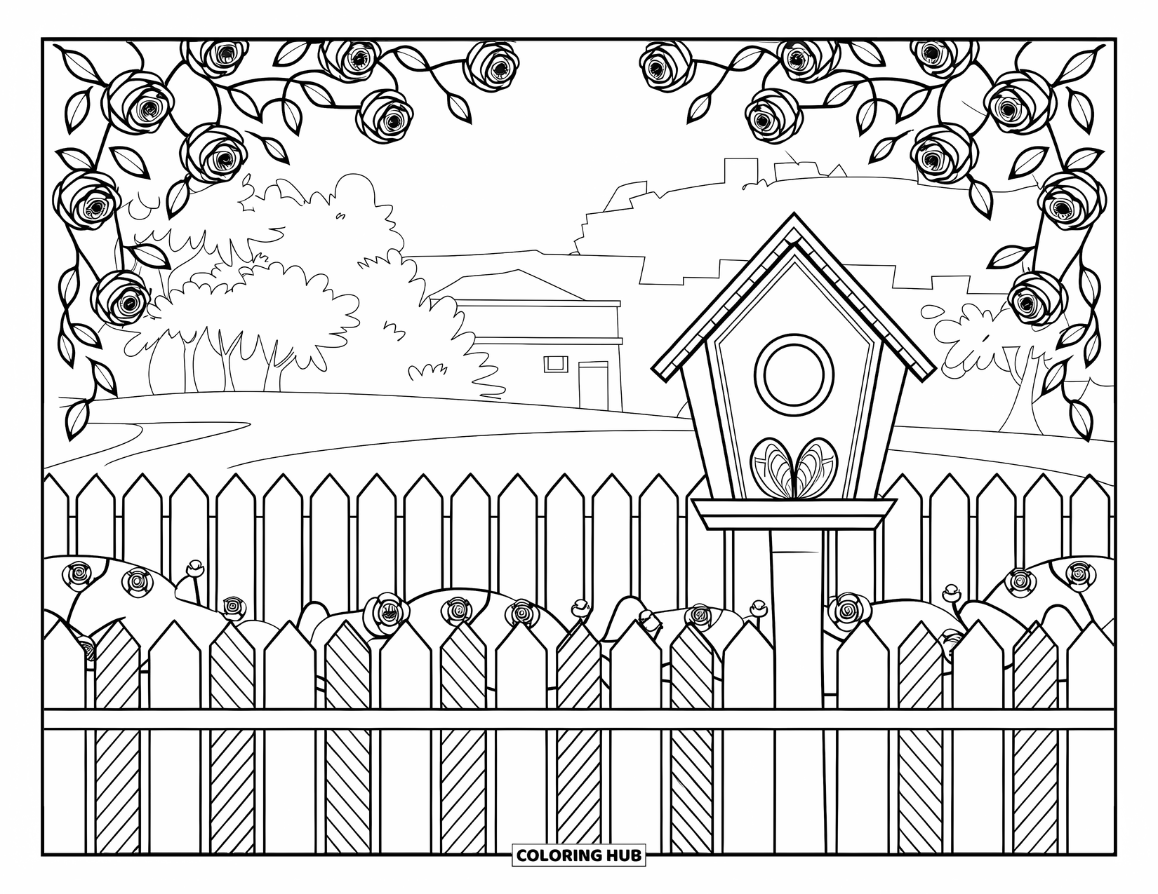 Birdhouse Coloring Page for Adults: A cozy birdhouse in a green backyard with fences and blooming roses