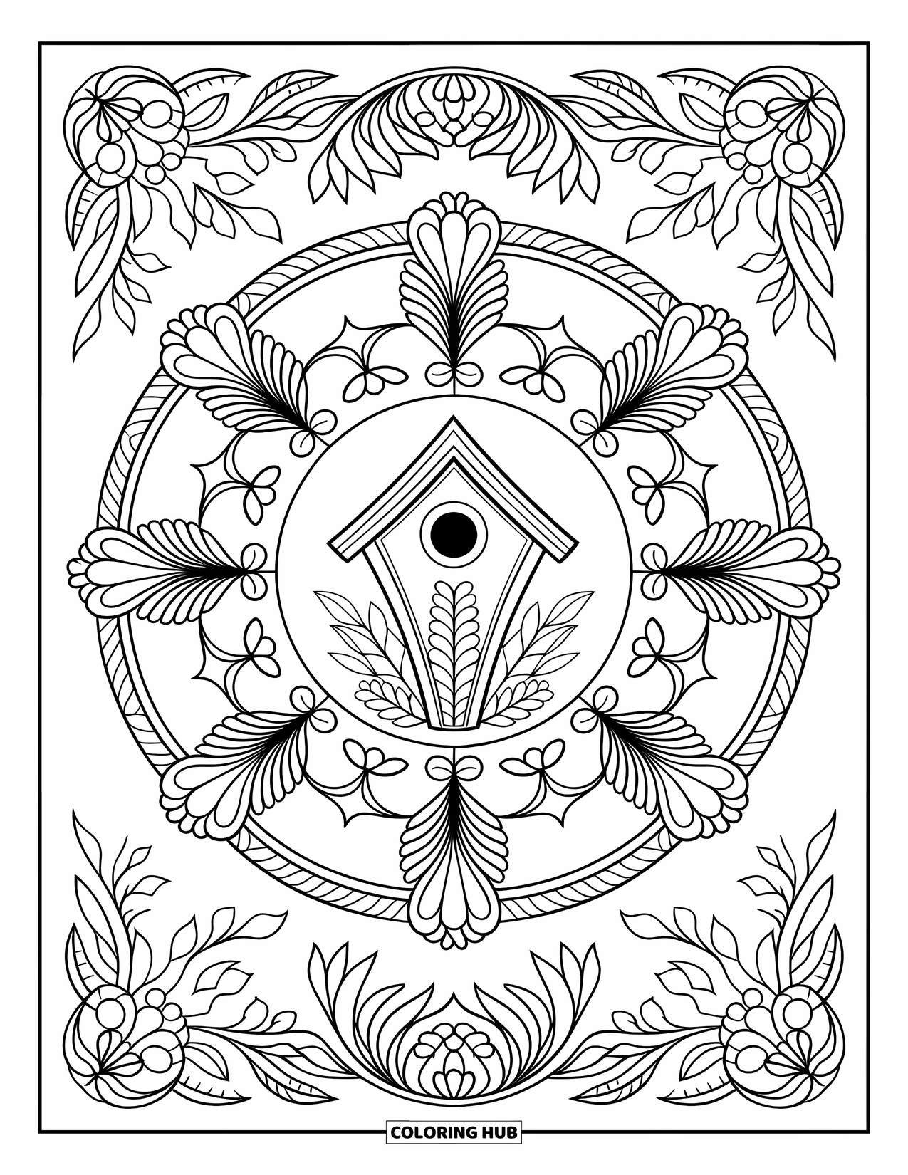 Birdhouse Coloring Page for Adults: A floral mandala radiates from a birdhouse at the center with ornate patterns