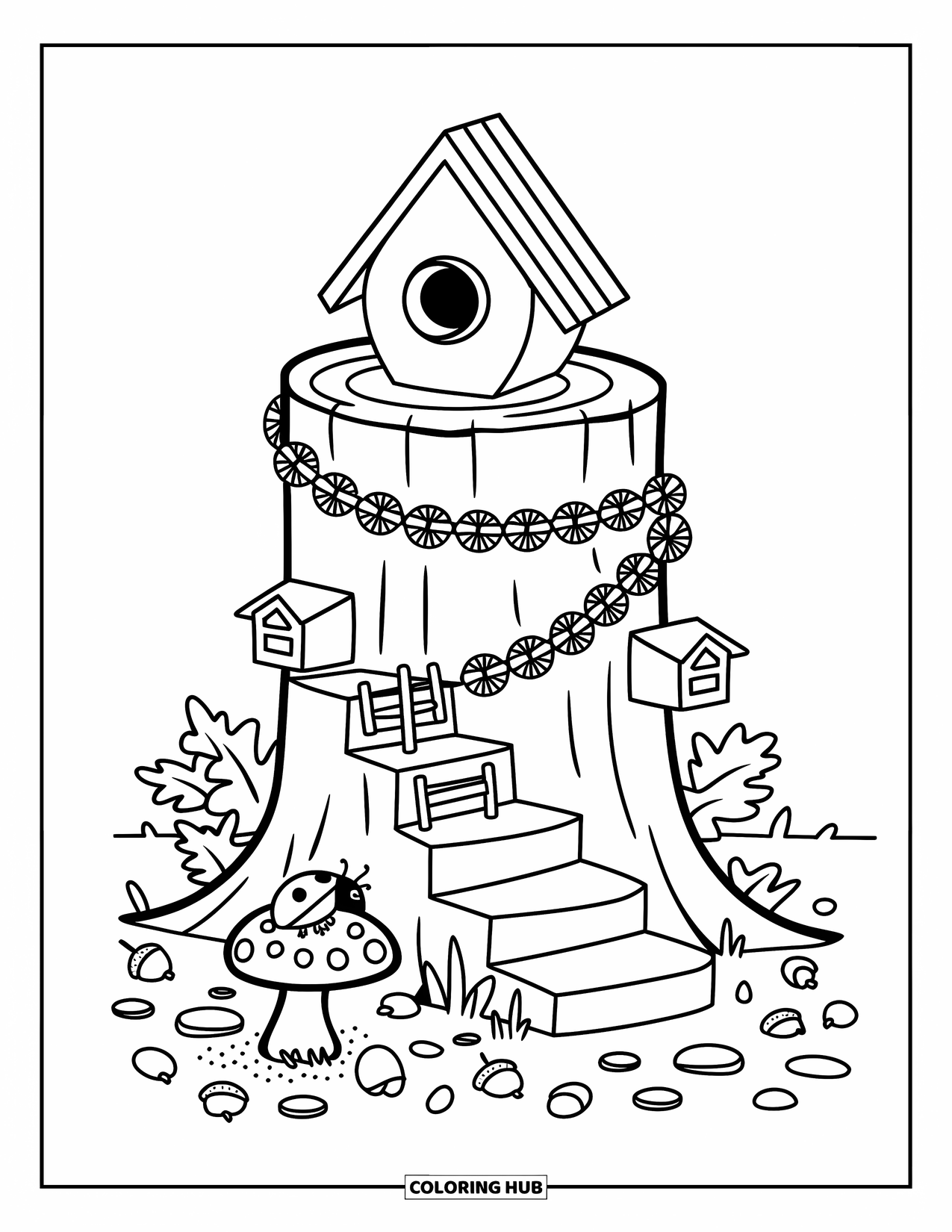 Birdhouse Coloring Page for Adults: A tall stump with tiny ladders leads to a round birdhouse and a ladybug below