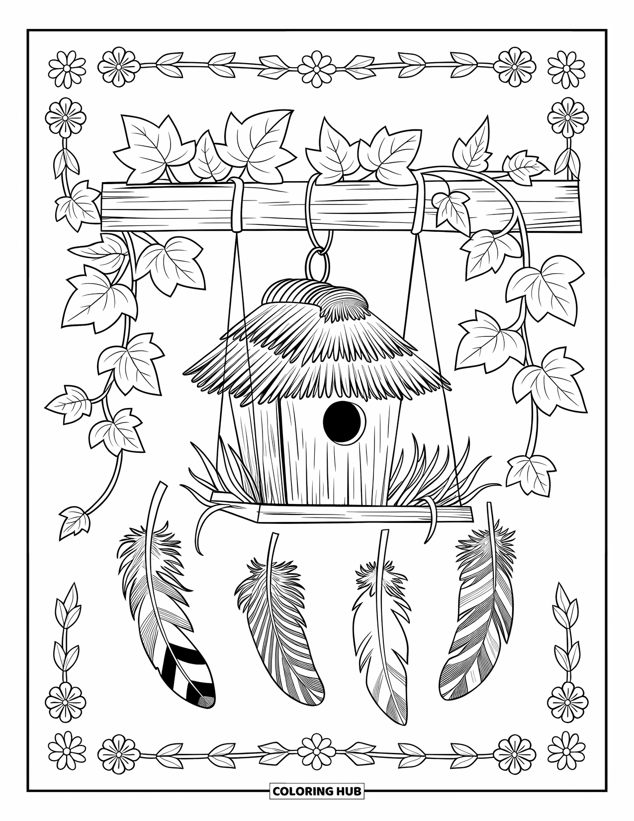 Birdhouse Coloring Page for Adults: A thatched birdhouse framed by ivy and feathers with a floral patterned border