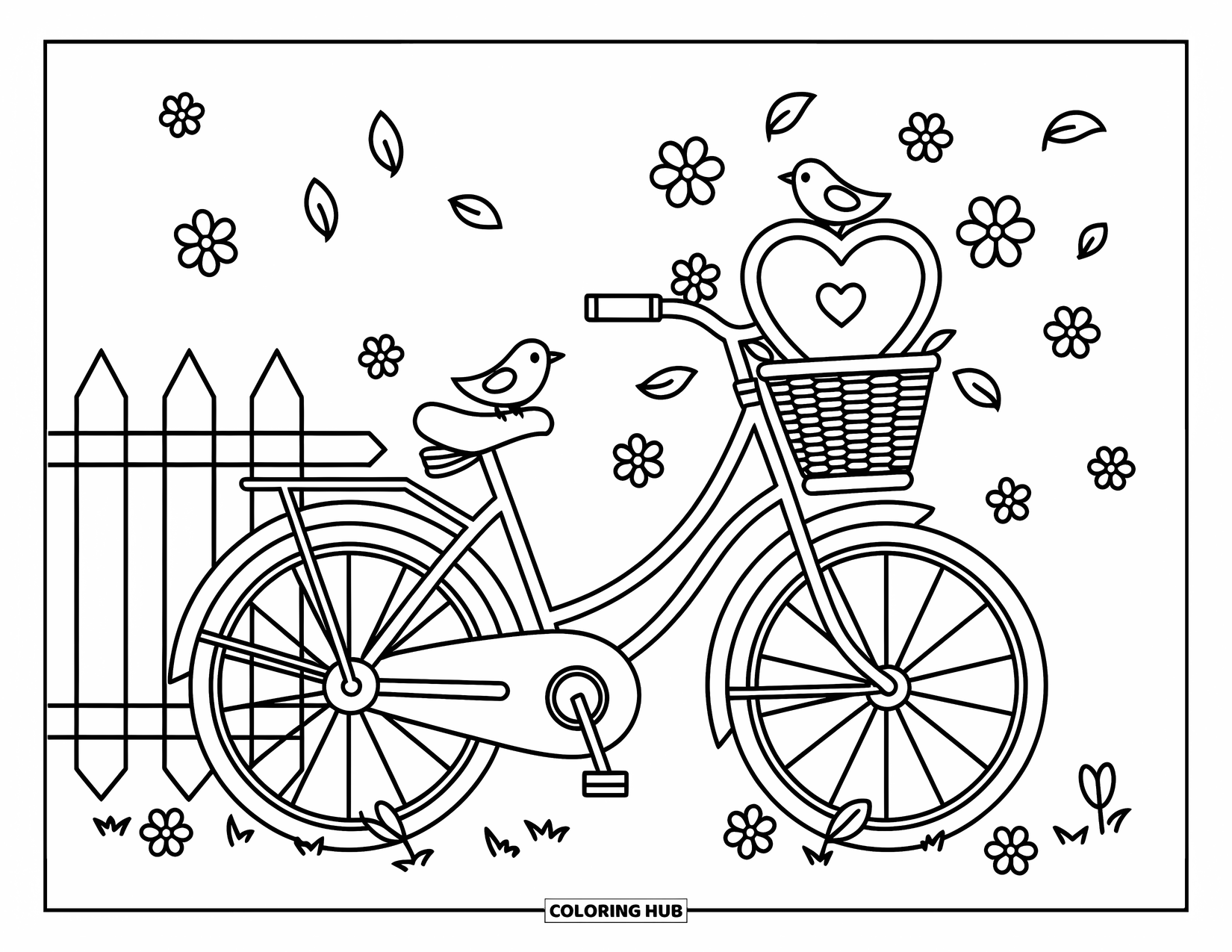 Birdhouse Coloring Page for Adults: A vintage bike holds a heart-shaped birdhouse in its basket near a fence