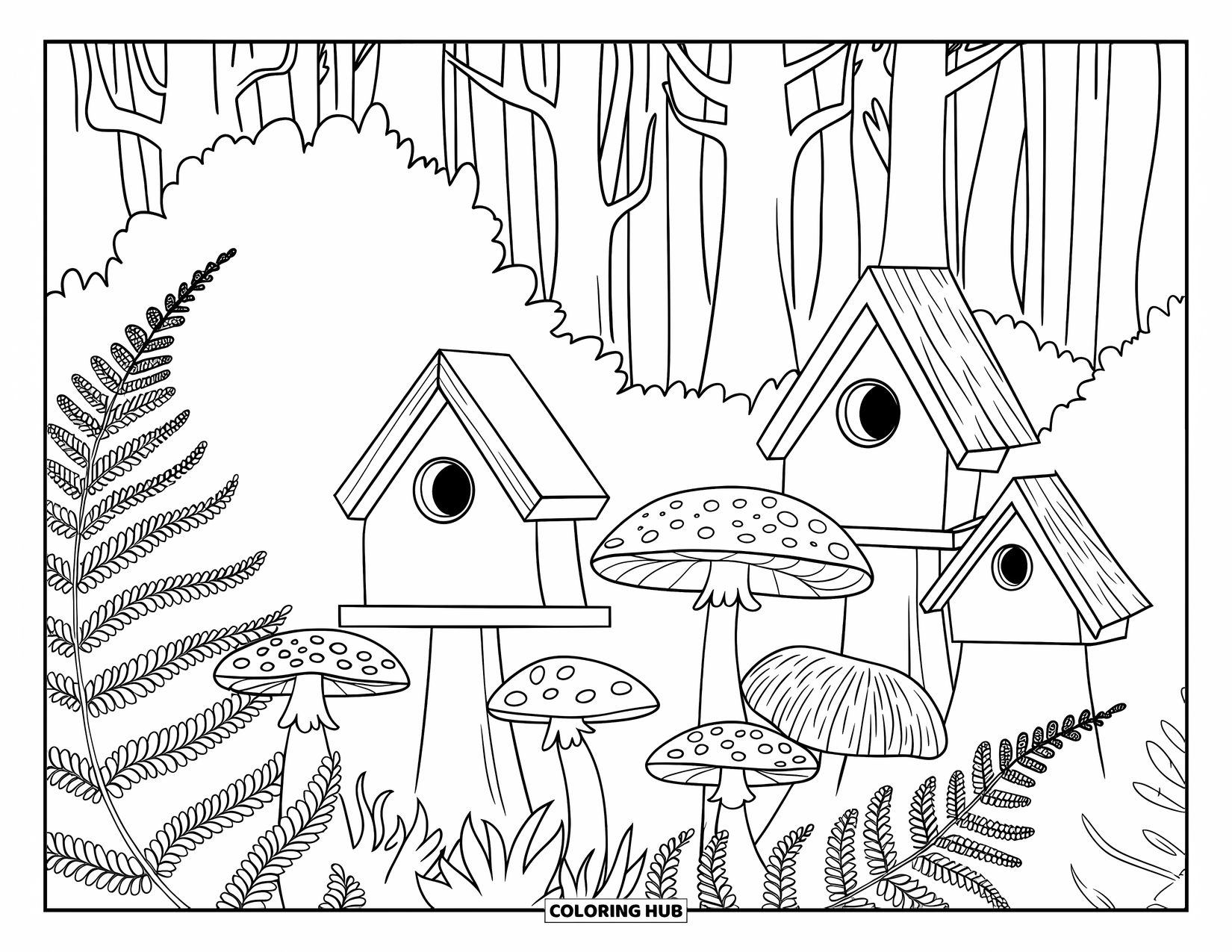 Birdhouse Coloring Page for Adults: A woodland corner with birdhouses, mushrooms, and fern fronds among tall trees