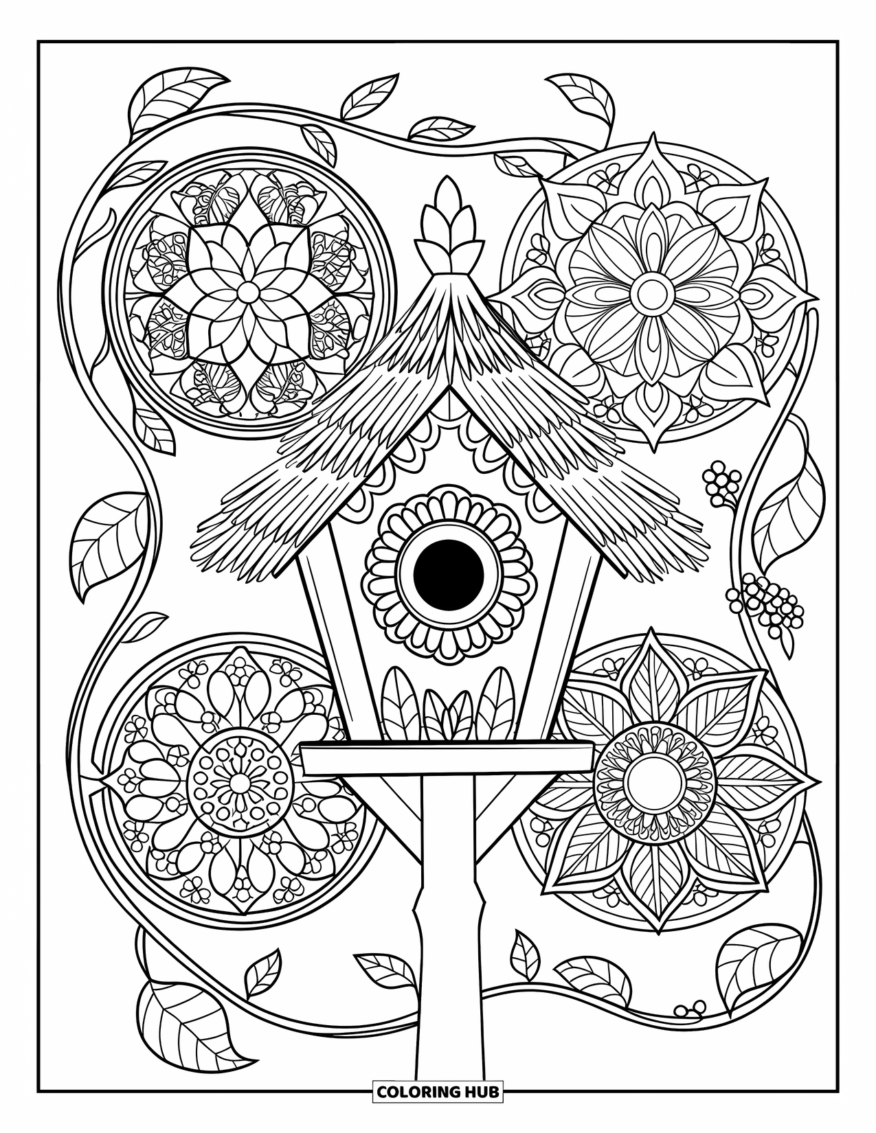 Birdhouse Coloring Page for Adults: An intricately carved birdhouse sits among botanical mandalas and twisting vines