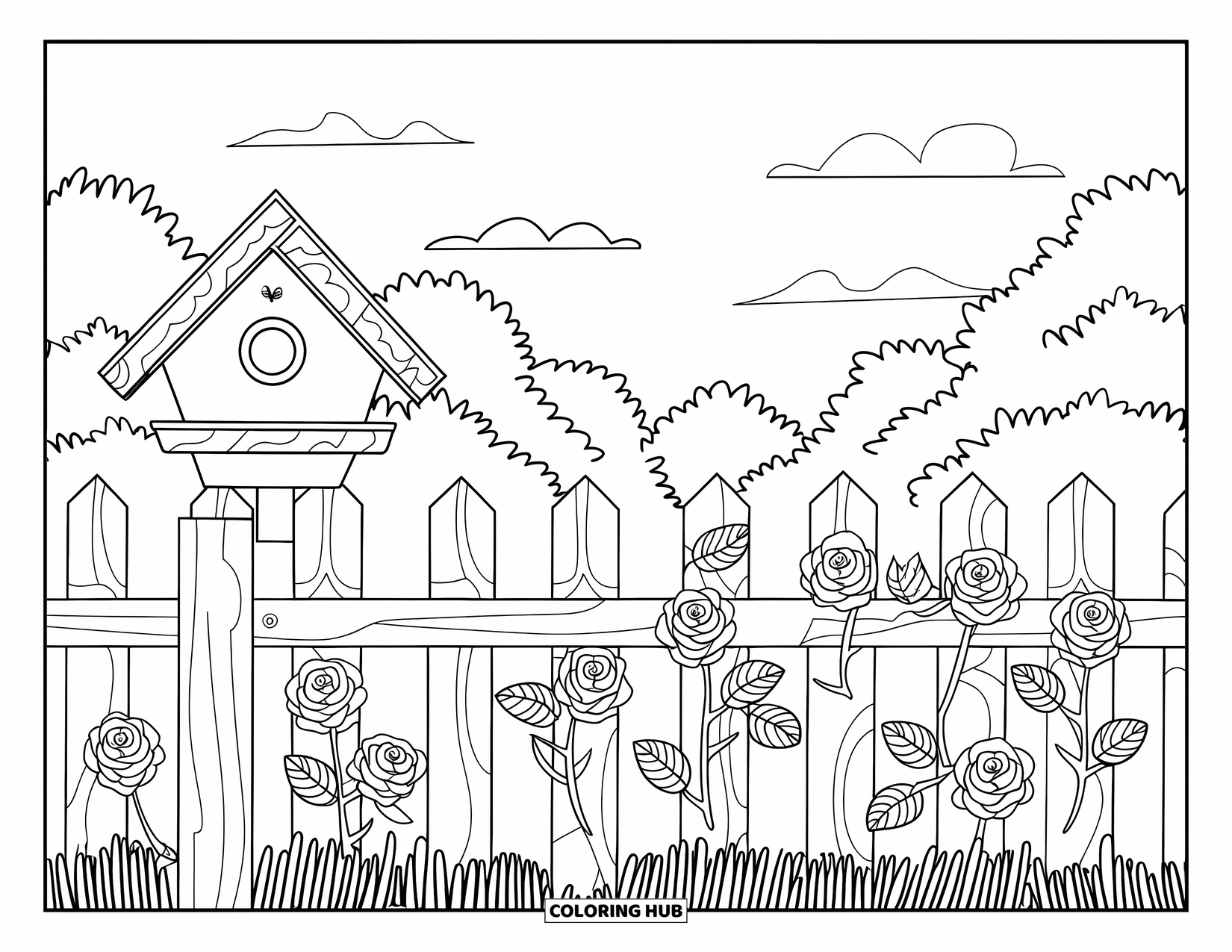 Birdhouse Coloring Page for Adults: Birdhouse near a fence lined with roses and a sky full of clouds