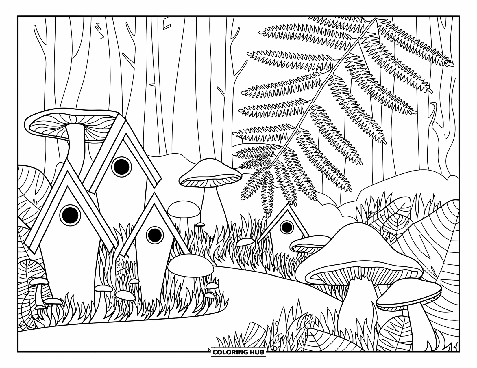 Birdhouse Coloring Page for Adults: Birdhouses along a winding forest path with mushrooms and detailed fern fronds