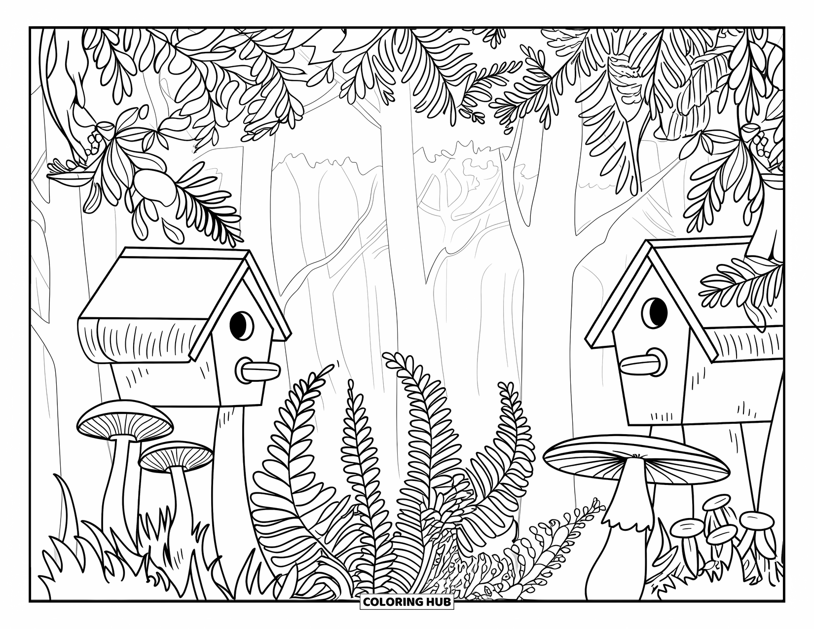 Birdhouse Coloring Page for Adults: Birdhouses, mushrooms, and fern fronds sit peacefully in a quiet forest corner