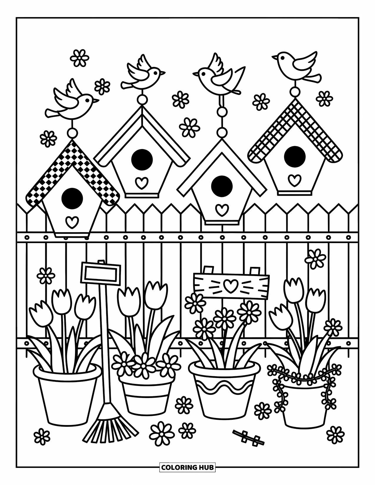 Birdhouse Coloring Page for Adults: Birdhouses with fun rooftops line a fence surrounded by flowers and fluttering birds