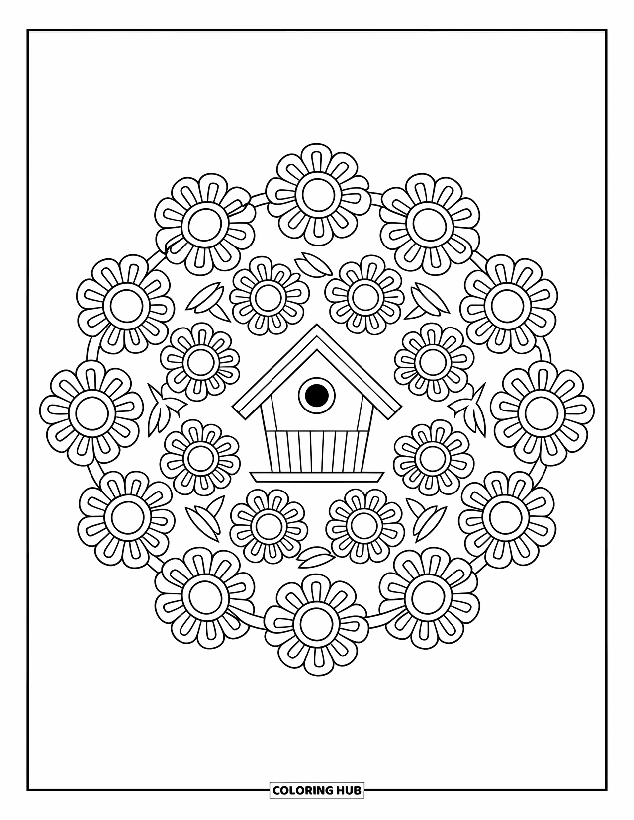 Birdhouse Coloring Page for Adults: Spiral floral designs frame a central birdhouse in this peaceful layout