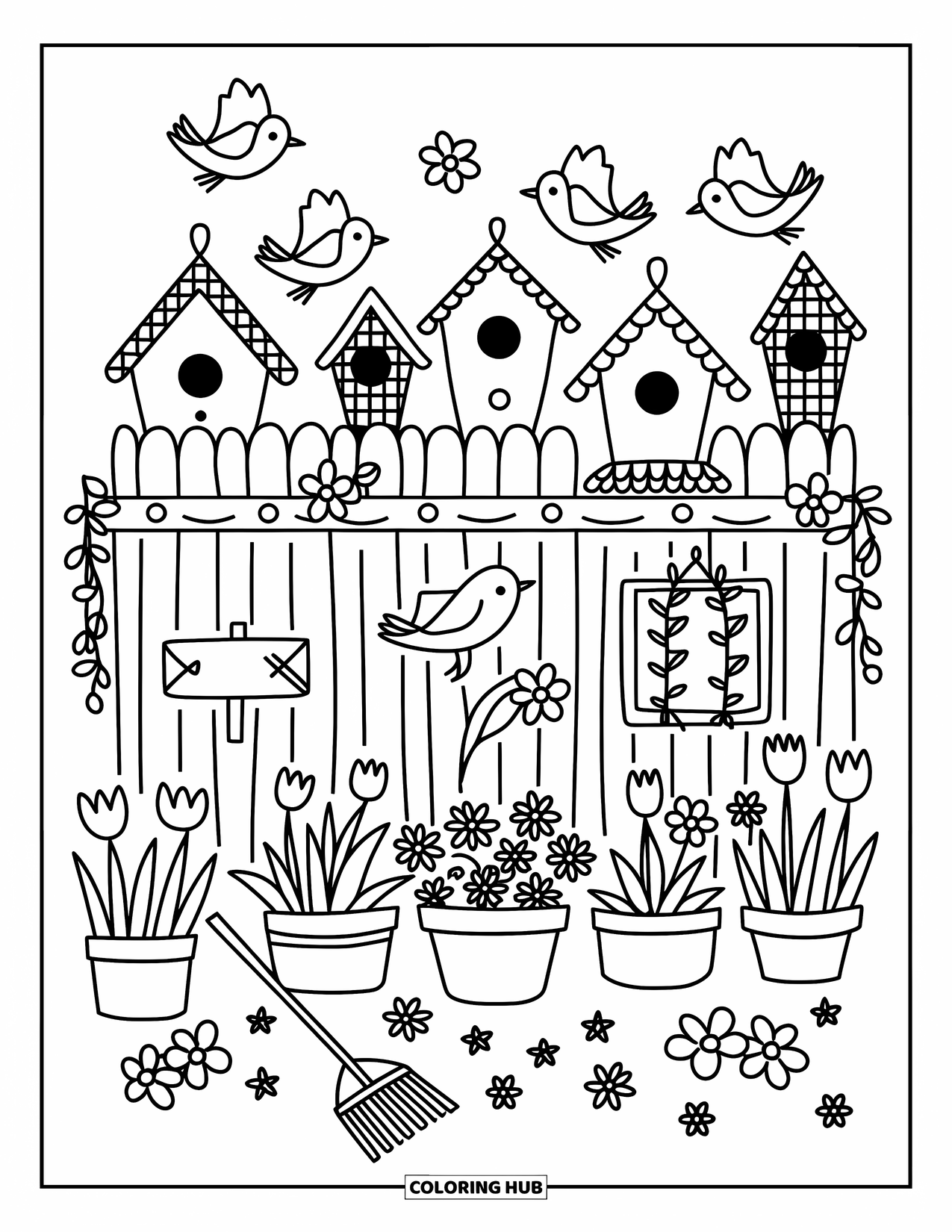 Birdhouse Coloring Page for Adults: Whimsical birdhouses and flowerpots decorate a fence with birds and a garden rake