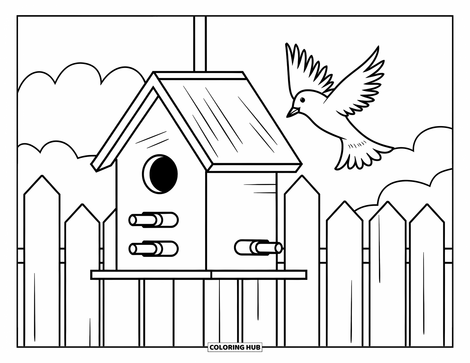Birdhouse Coloring Page for Kids: A basic birdhouse on a fence post with a bird flying above it