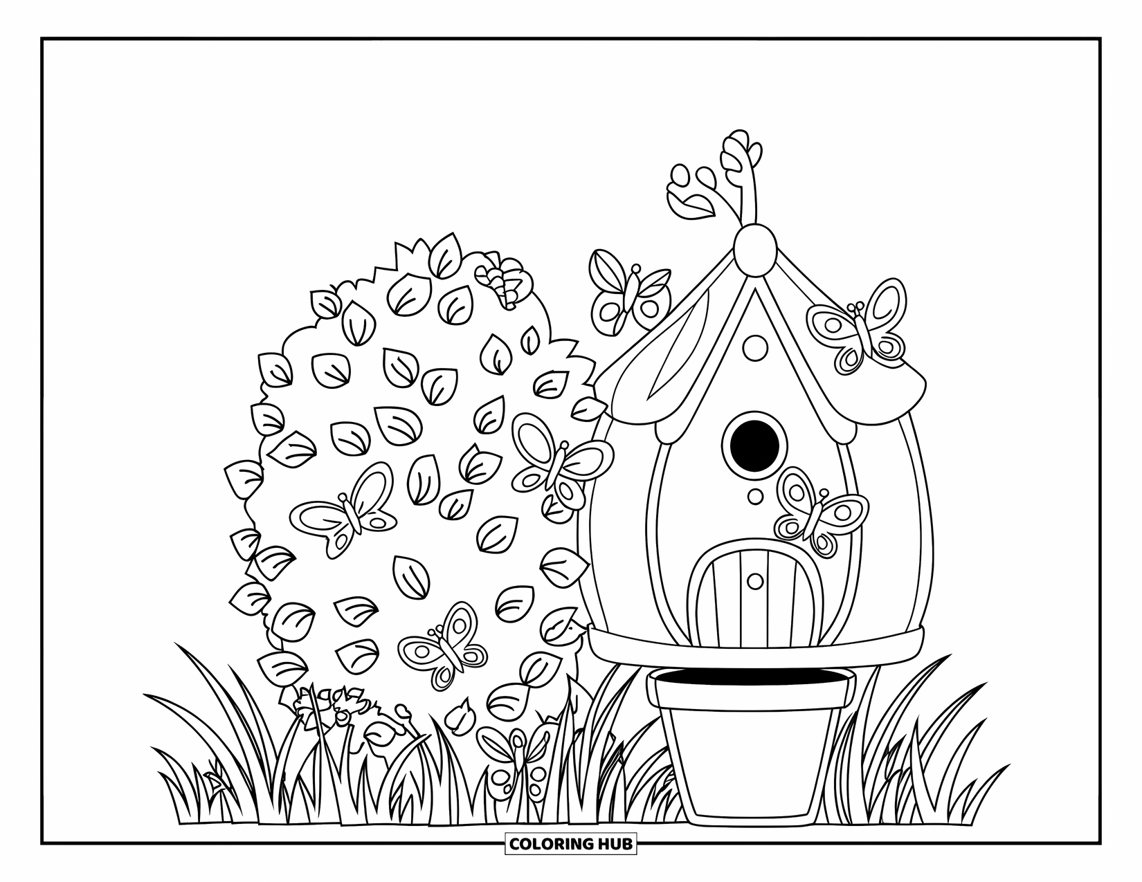 Birdhouse Coloring Page for Kids: A birdhouse next to a potted bush with butterflies and grass blades