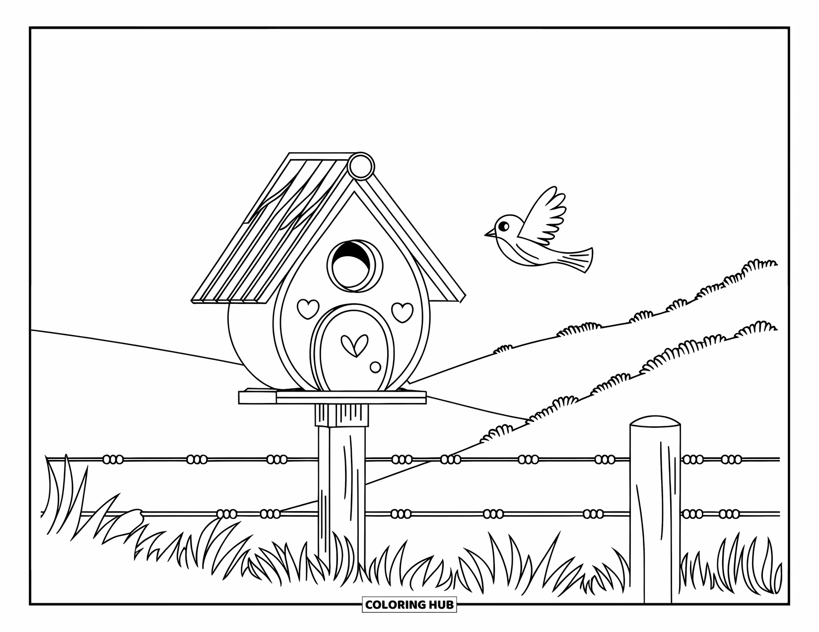 Birdhouse Coloring Page for Kids: A birdhouse on a fence post with a bird flying nearby