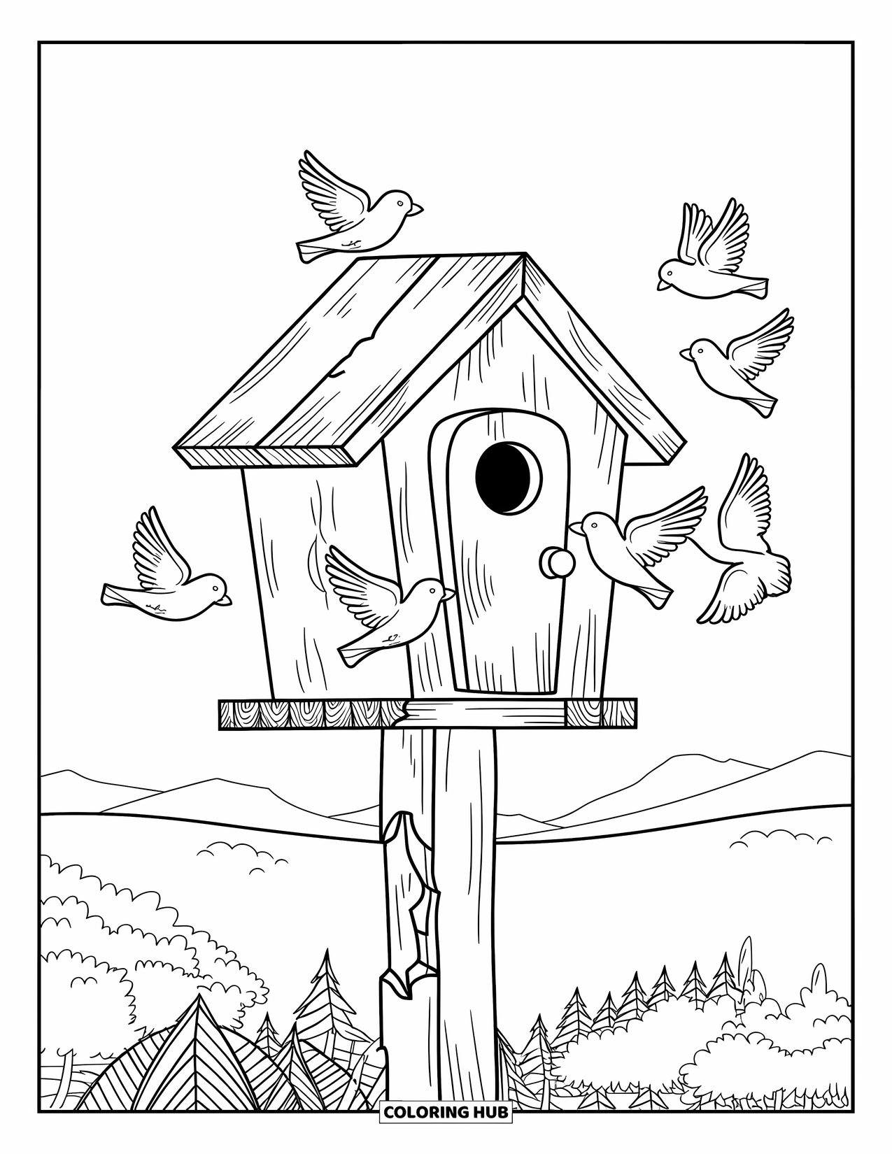 Birdhouse Coloring Page for Kids: A birdhouse on a post with flying birds and a peaceful mountain view