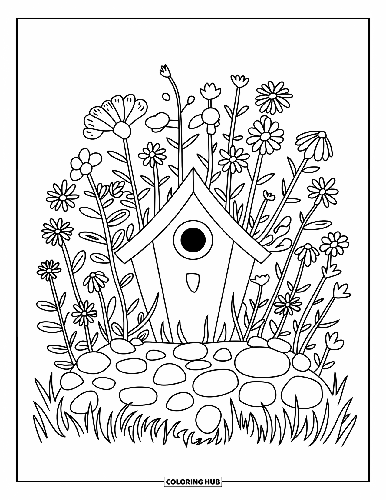Birdhouse Coloring Page for Kids: A birdhouse surrounded by wildflowers, stones, and soft grassy patches