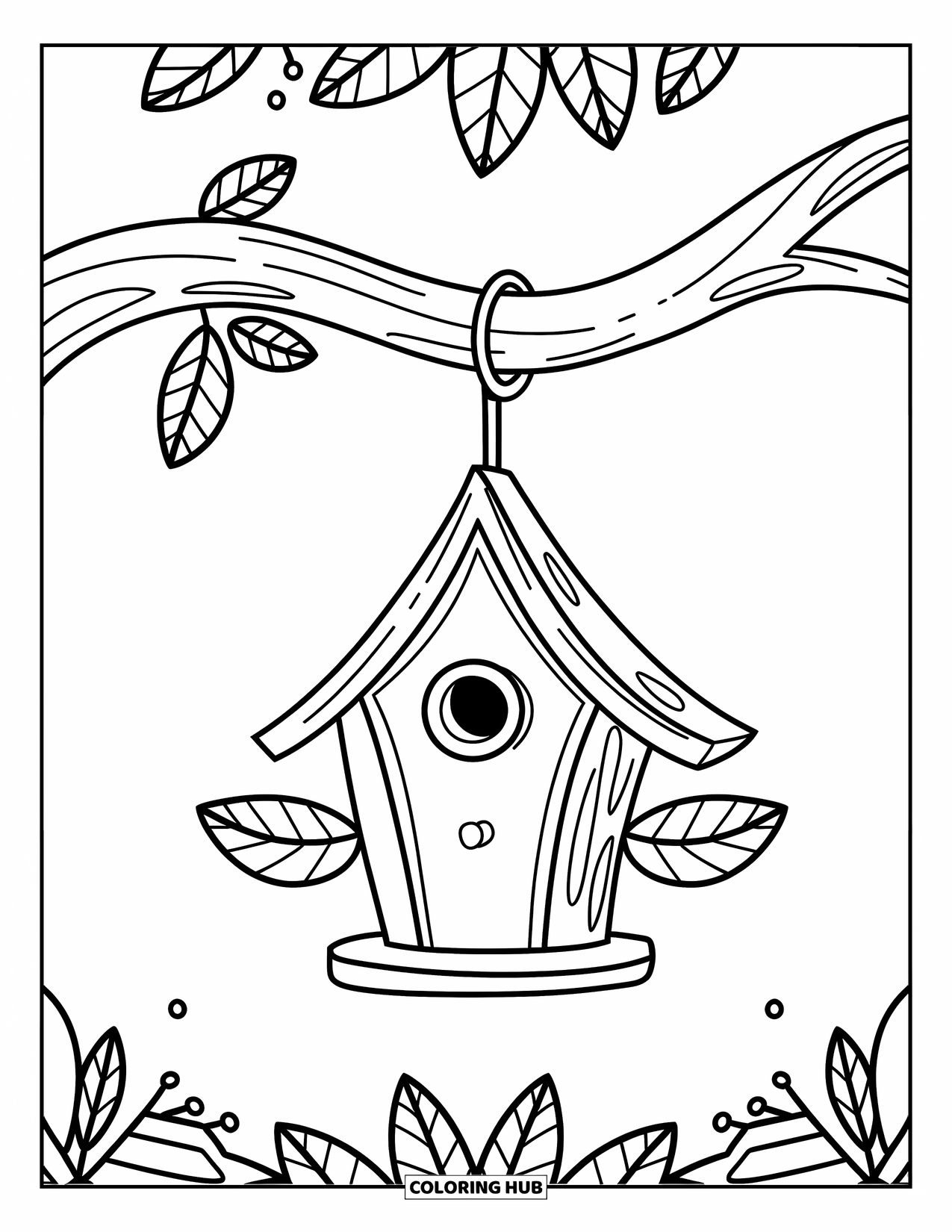 Birdhouse Coloring Page for Kids: A birdhouse with a door hangs from a long, curved tree branch