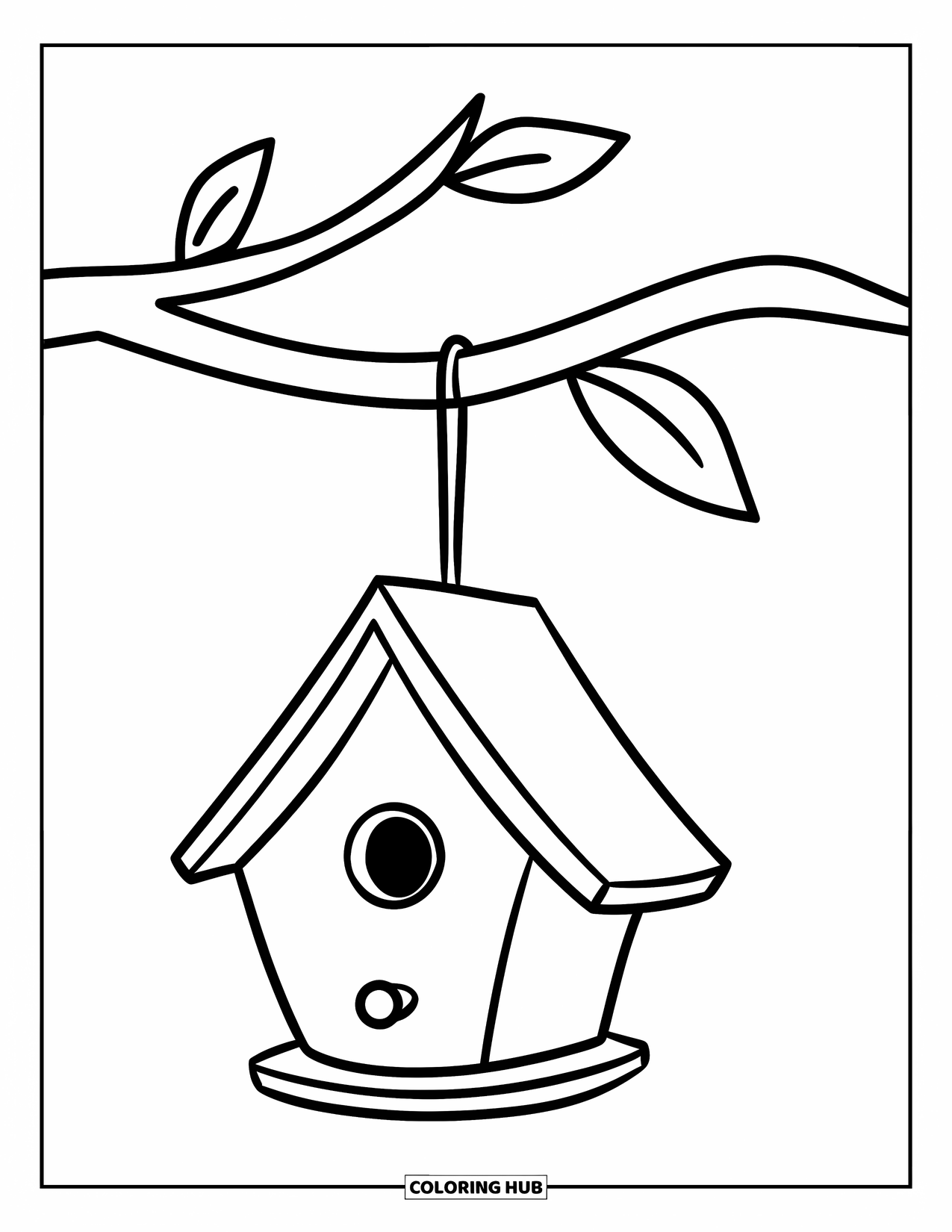 Birdhouse Coloring Page for Kids: A birdhouse with a window hangs from a branch with two leaves