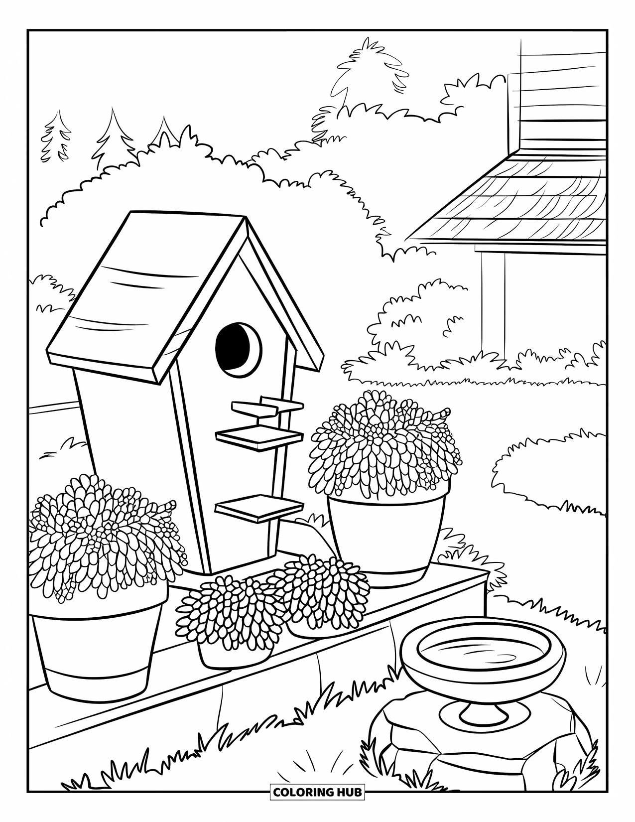 Birdhouse Coloring Page for Kids: A calm garden with a birdhouse, potted plants, and a round birdbath
