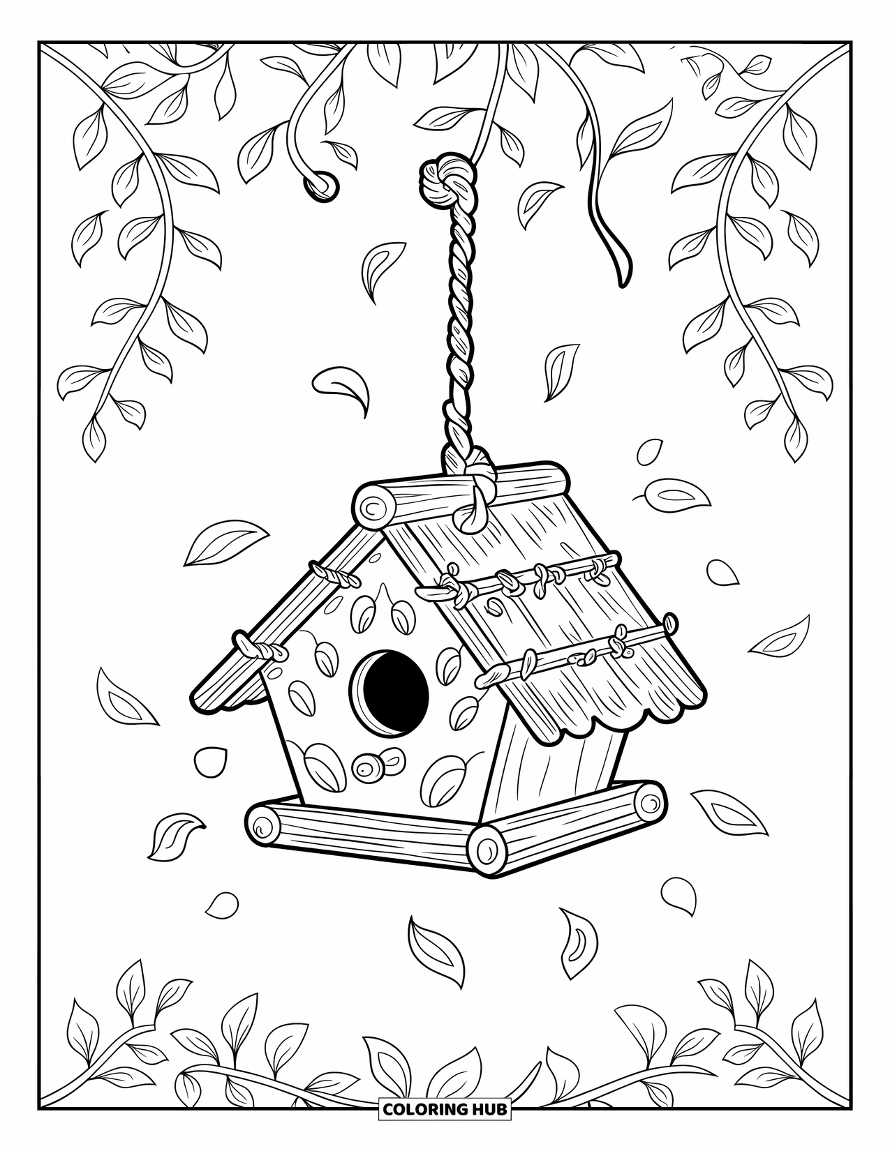 Birdhouse Coloring Page for Kids: A cozy birdhouse hanging from a hook with gently falling leaves