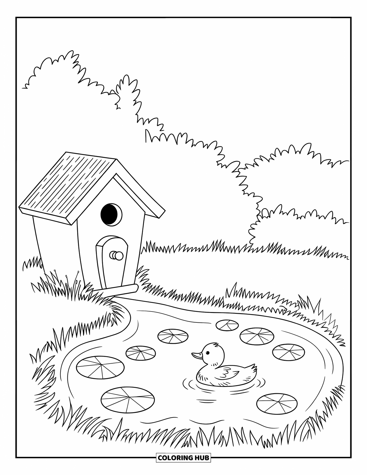 Birdhouse Coloring Page for Kids: A duckling near lily pads and a cute birdhouse in a quiet garden