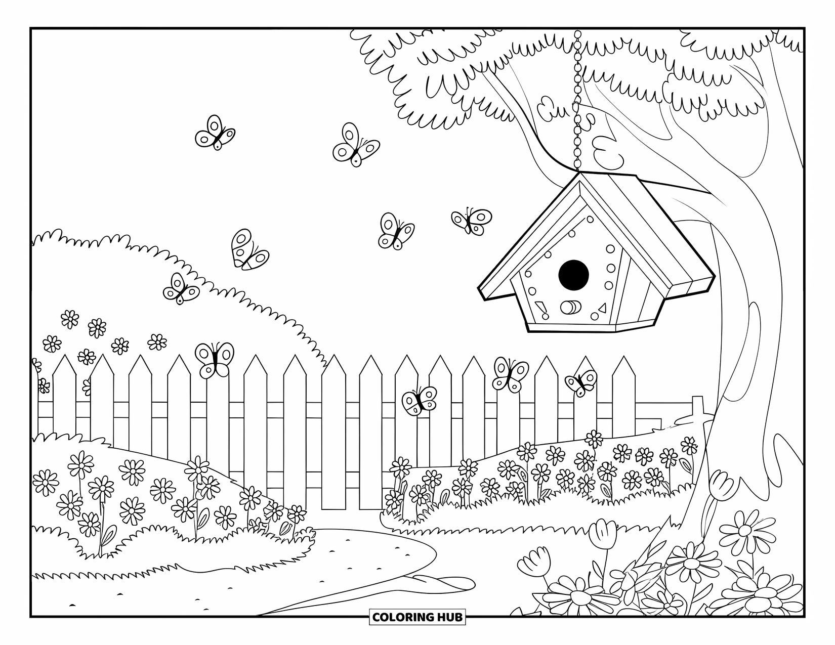 Birdhouse Coloring Page for Kids: A hanging birdhouse near a fence with butterflies flying all around
