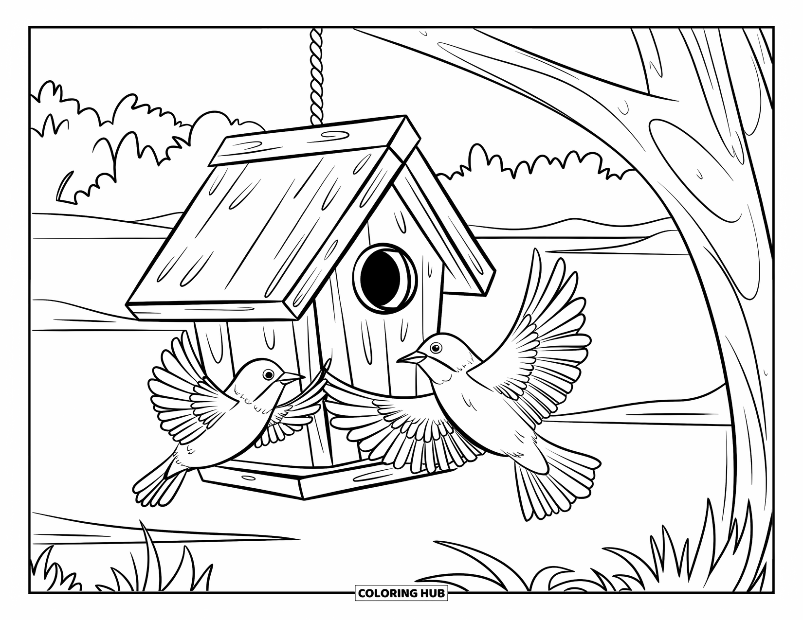 Birdhouse Coloring Page for Kids: A hanging birdhouse sways while two birds fly toward it