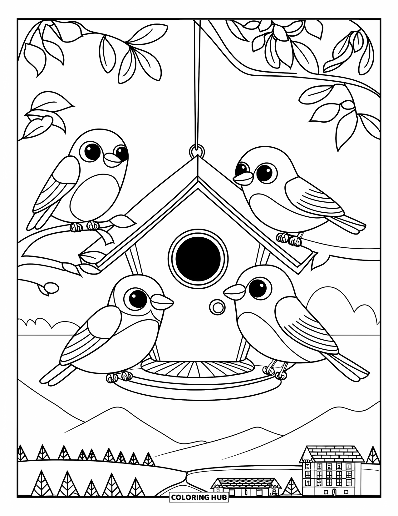 Birdhouse Coloring Page for Kids: A hanging birdhouse with birds and a peaceful view of mountains and water