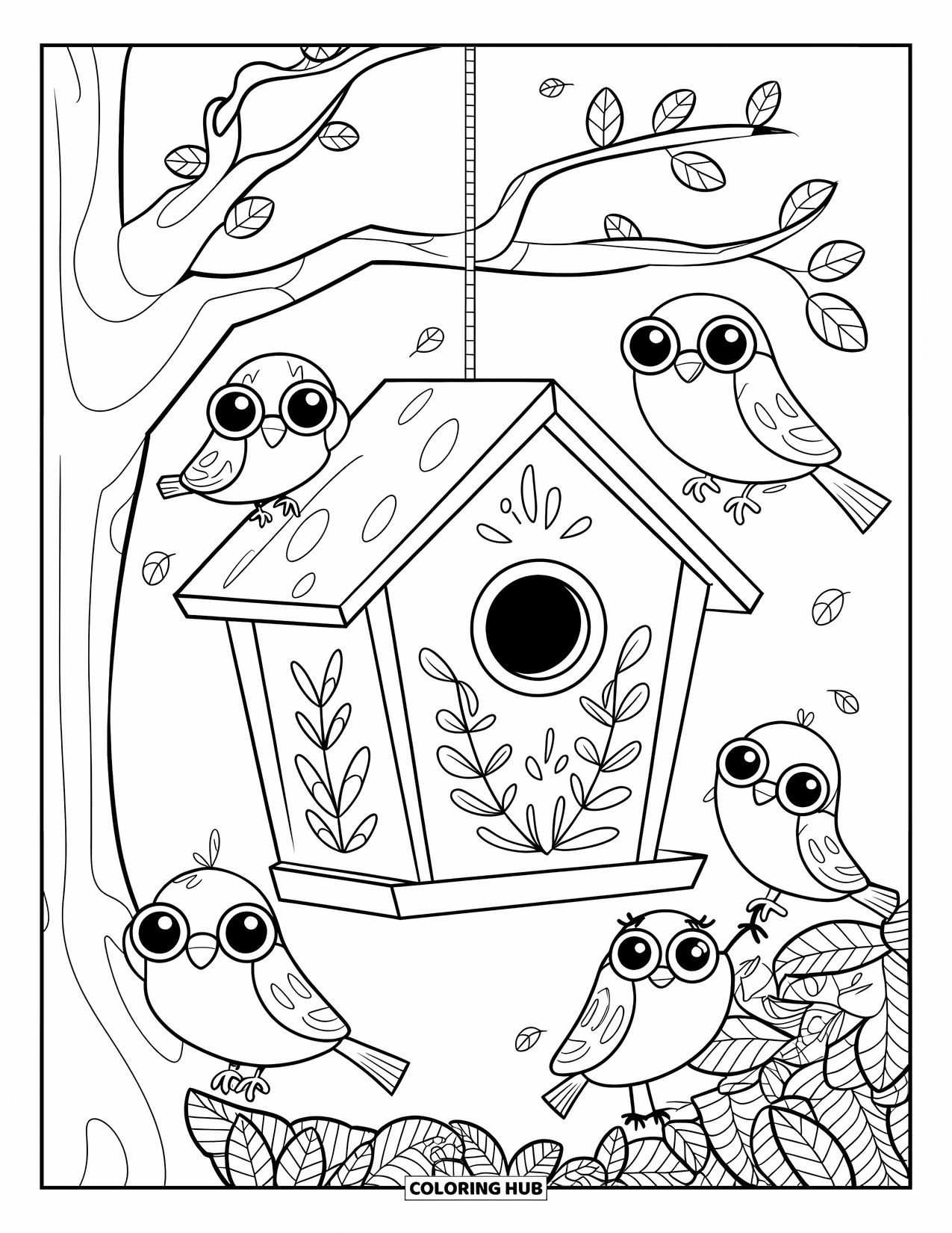 Birdhouse Coloring Page for Kids: A hanging birdhouse with four cute birds and scattered leaves on the ground