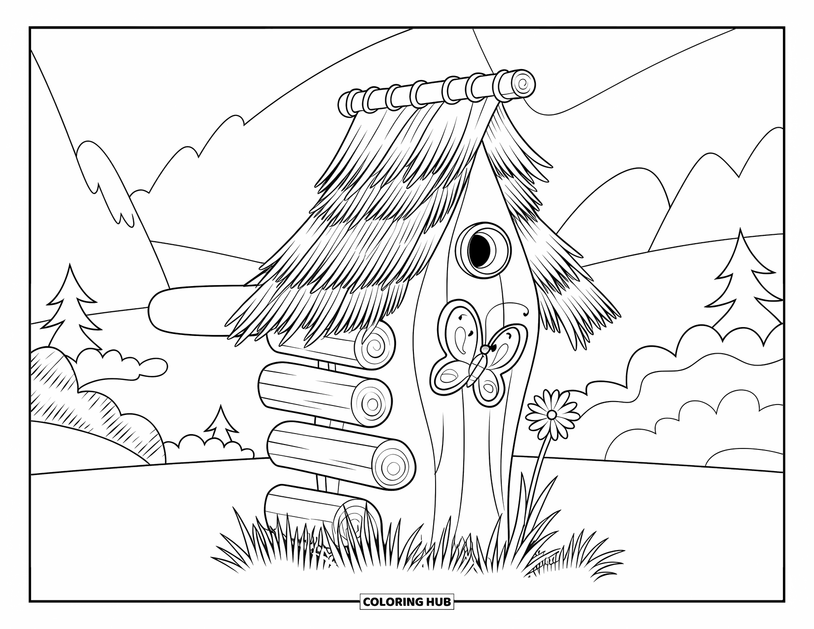 Birdhouse Coloring Page for Kids: A log-style birdhouse with a perched butterfly and scenic mountain view