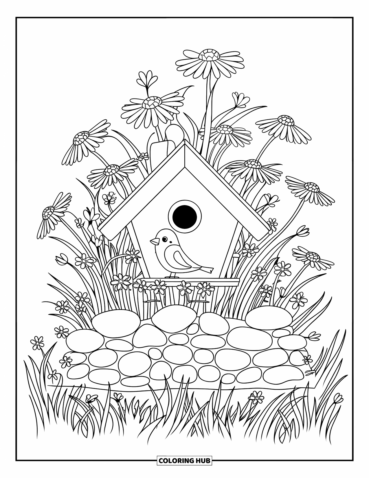 Birdhouse Coloring Page for Kids: A perched bird on a birdhouse with blooming wildflowers and lush grass