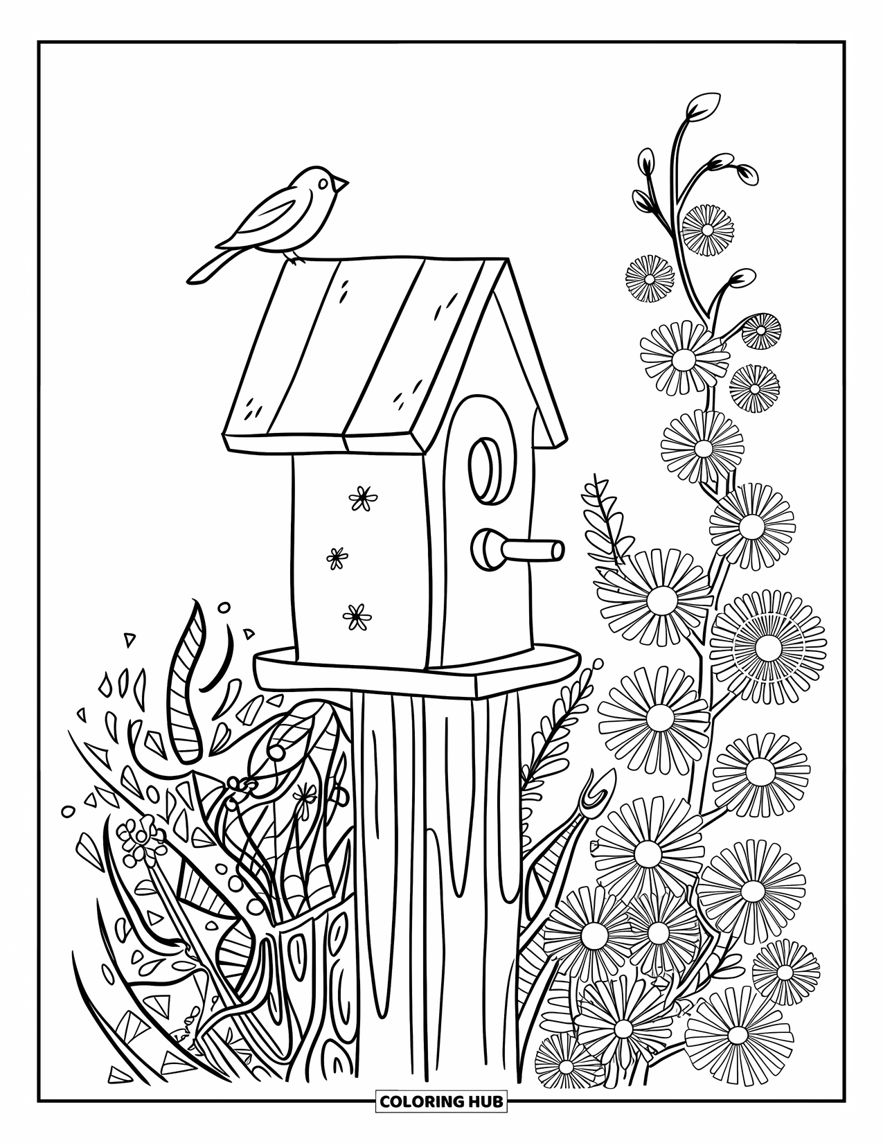 Birdhouse Coloring Page for Kids: A perched bird sits atop a birdhouse on a tall wooden pole