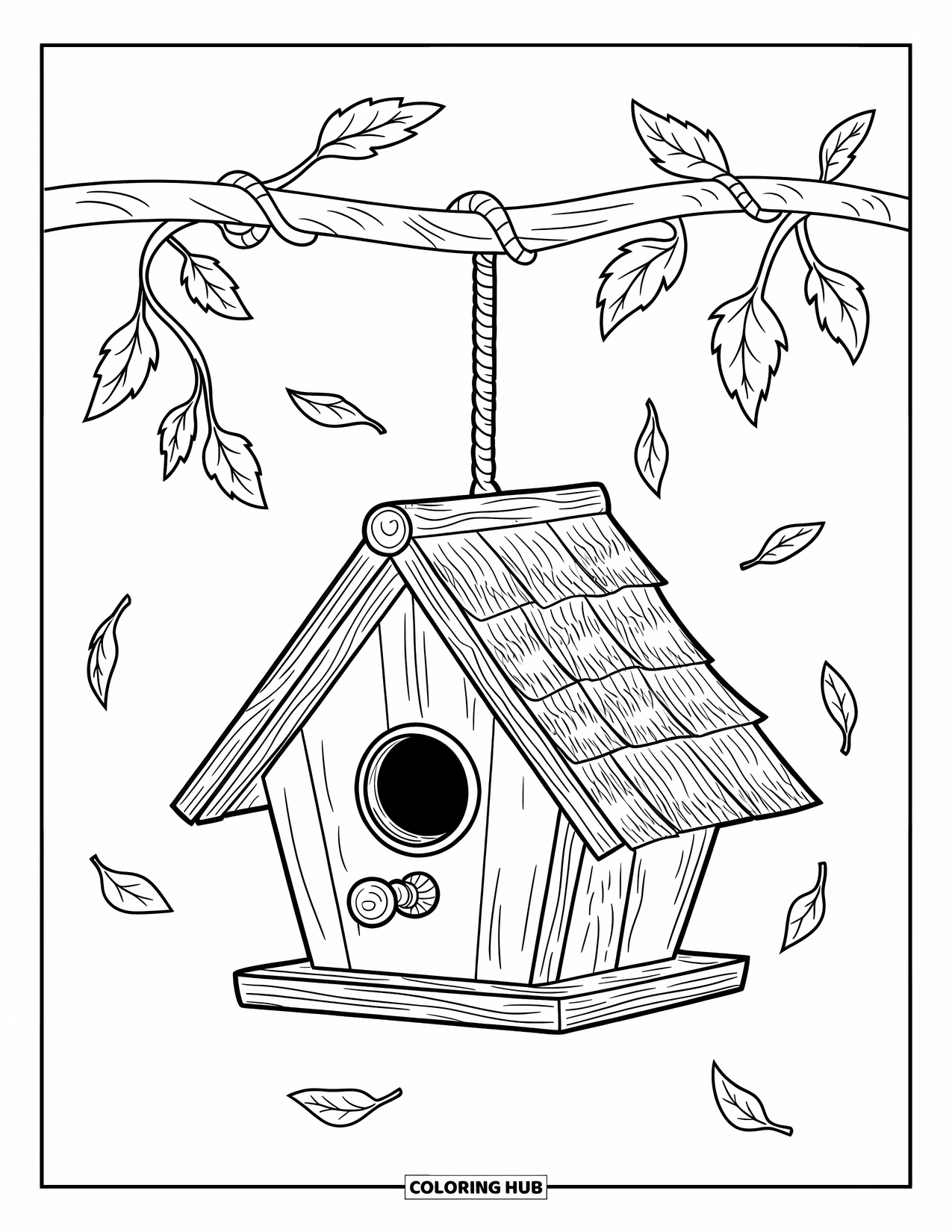 Birdhouse Coloring Page for Kids: A rustic birdhouse hangs from a vine-wrapped hook with falling leaves