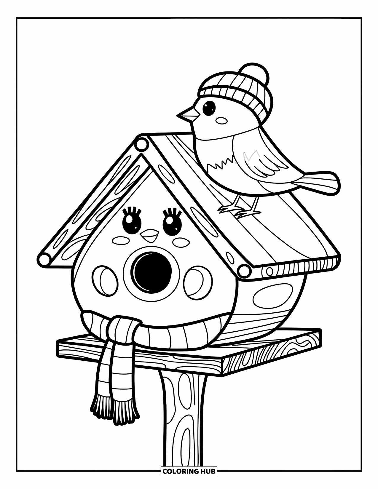Birdhouse Coloring Page for Kids: A scarf-wearing birdhouse and a bird in a hat share a quiet moment