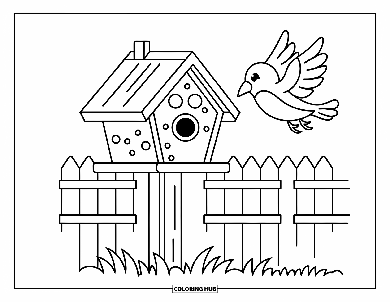 Birdhouse Coloring Page for Kids: A simple birdhouse with a flying bird and soft grass around the post