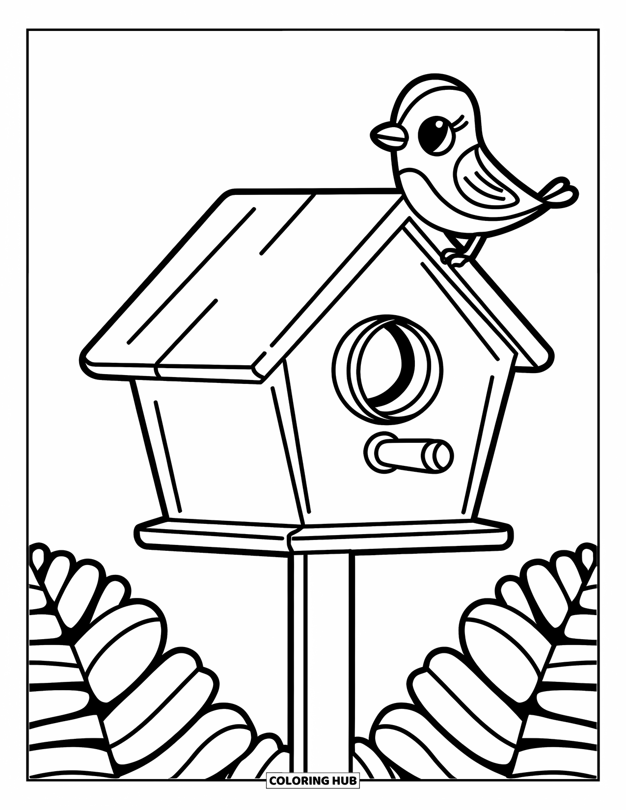 Birdhouse Coloring Page for Kids: A single birdhouse with a perched bird on a simple wooden pole