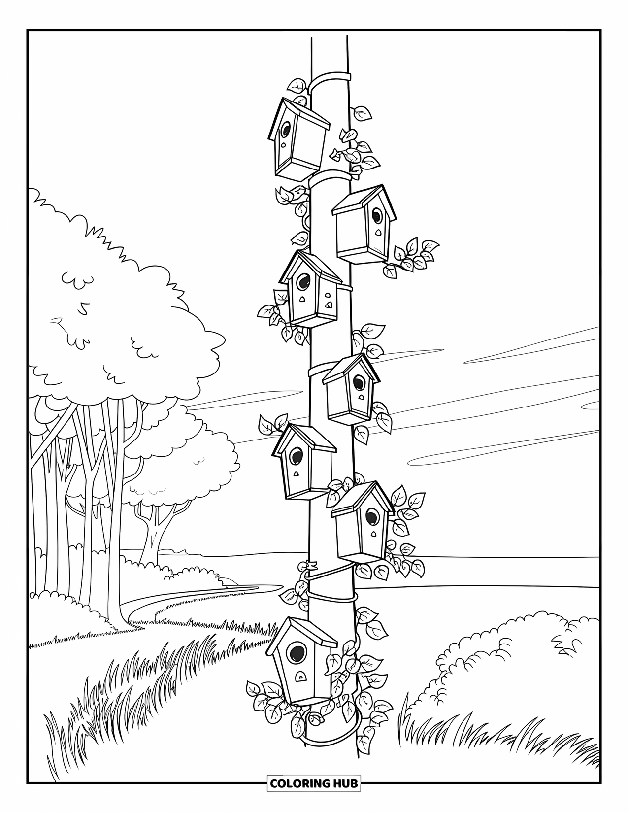 Birdhouse Coloring Page for Kids: A stack of birdhouses on a tall pole surrounded by grass and trees