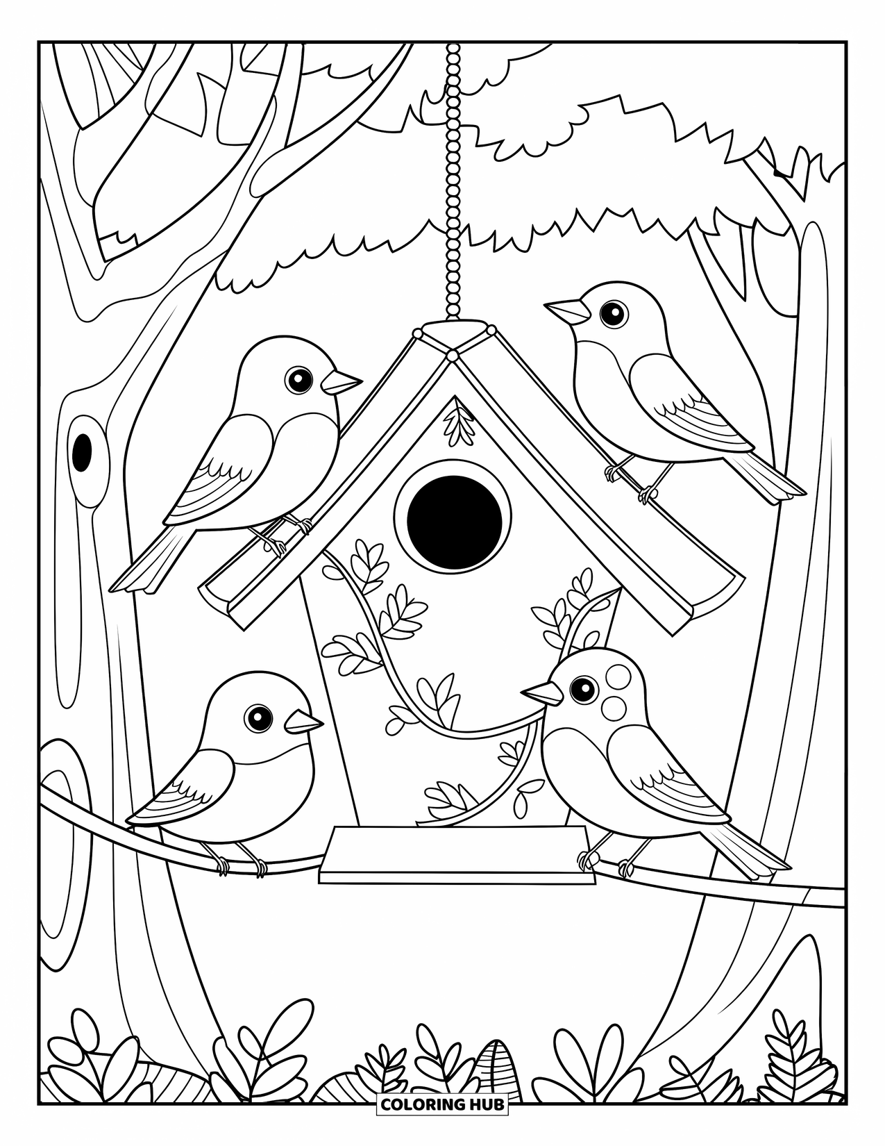 Birdhouse Coloring Page for Kids: A tree-hanging birdhouse with four playful birds in a calm forest setting