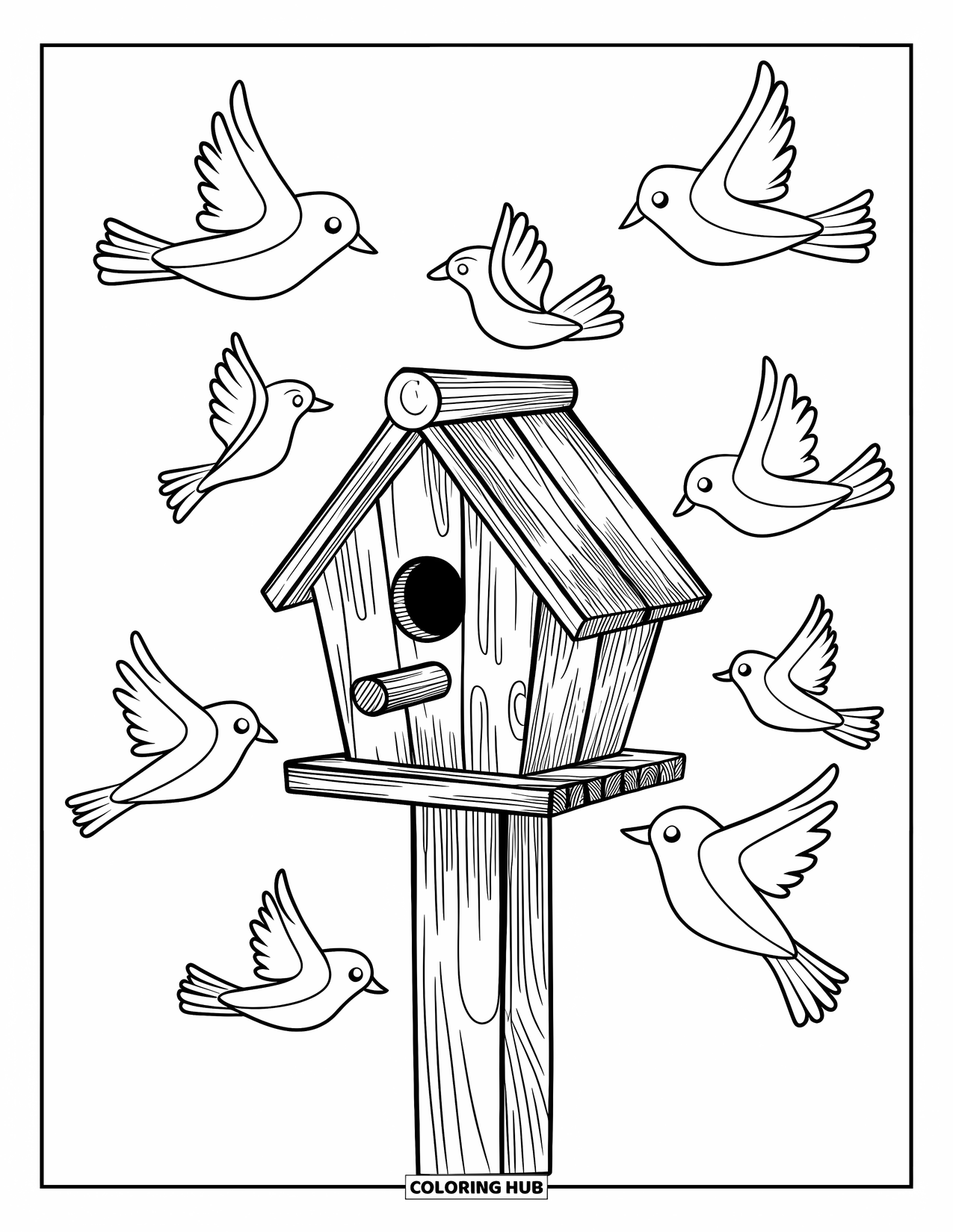 Birdhouse Coloring Page for Kids: A weathered birdhouse on a wooden post with birds flying nearby