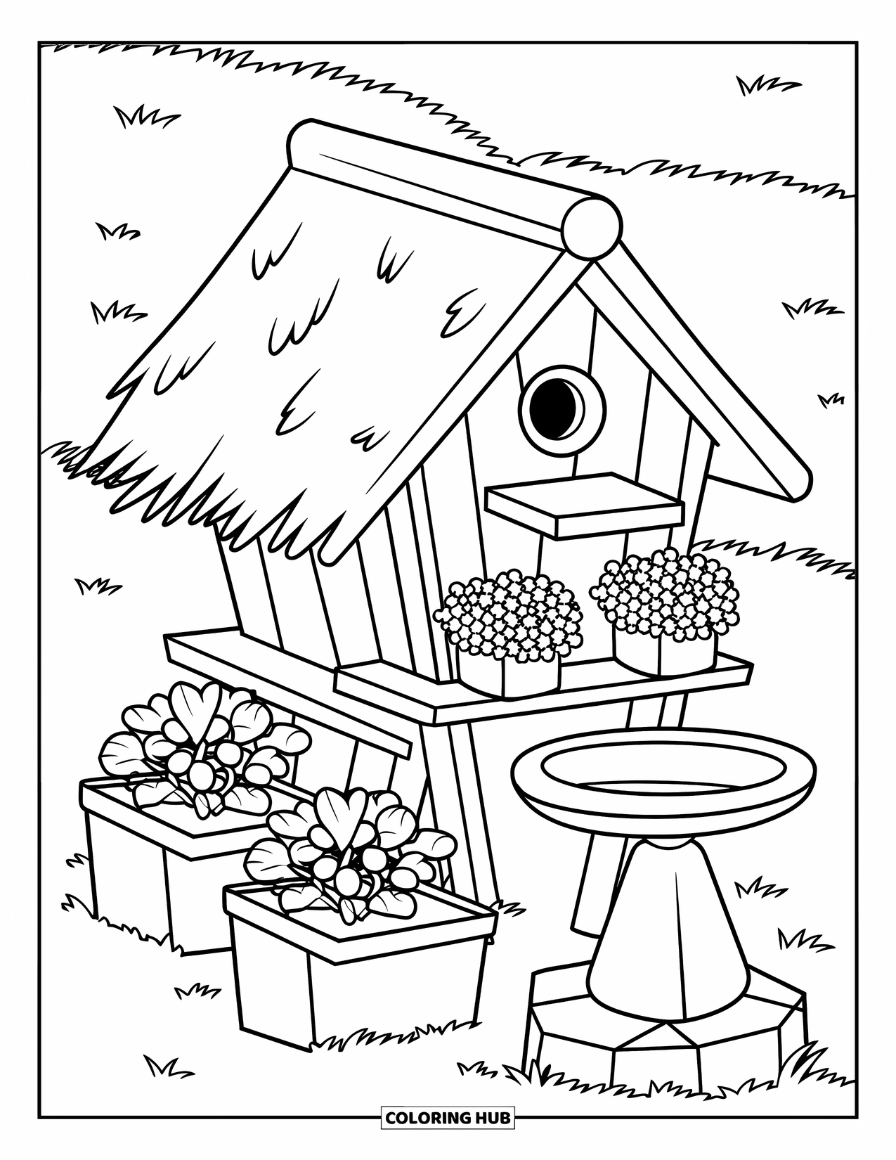 Birdhouse Coloring Page for Kids: A wooden birdhouse with flower pots and a ball-topped birdbath nearby