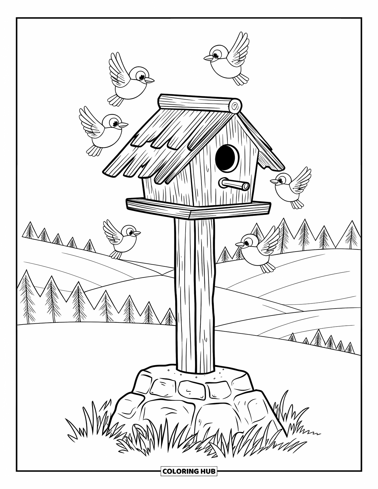 Birdhouse Coloring Page for Kids: Birds fly around a slatted birdhouse on a post with rolling hills in view