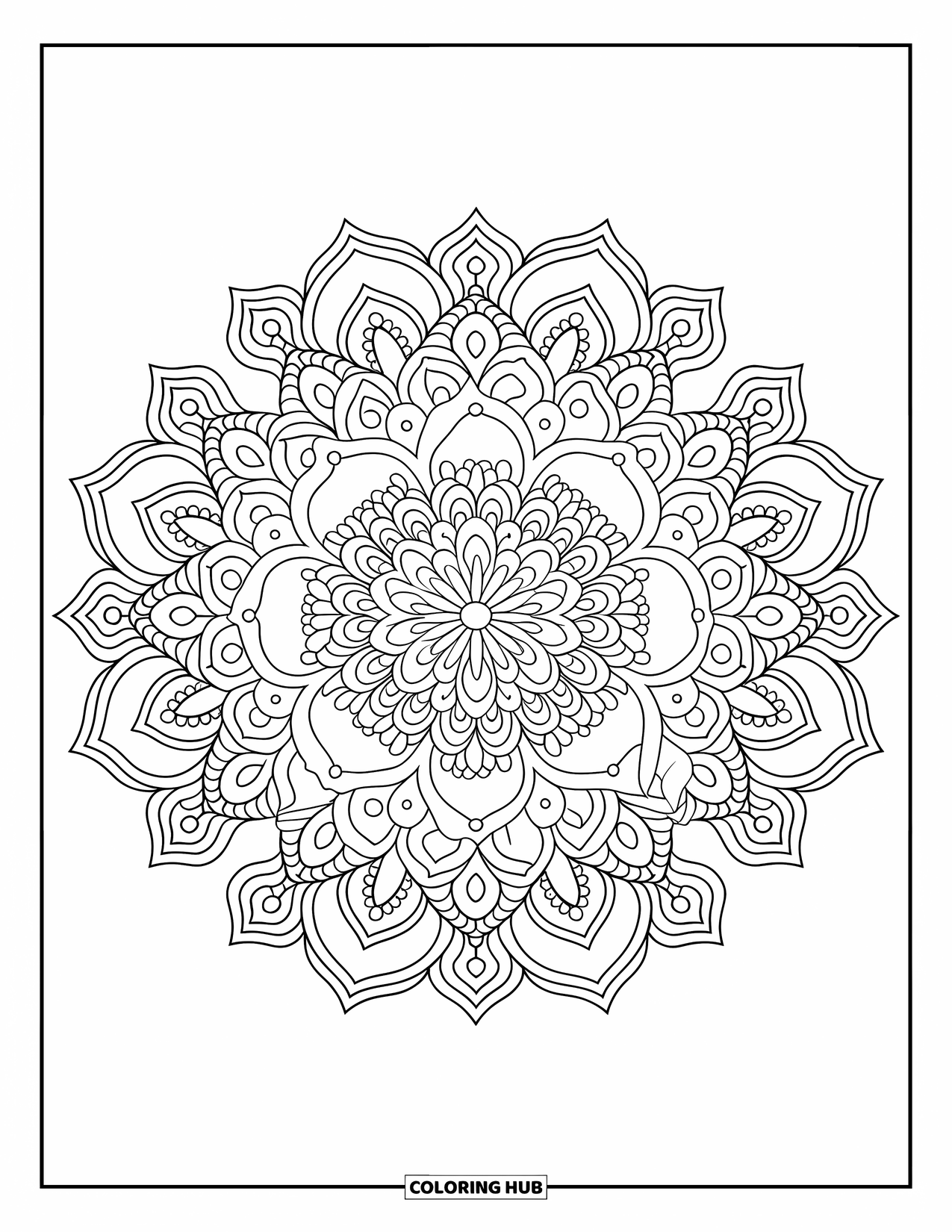 Bohemian Mandala Coloring Page for Adults: A bohemian-style mandala with lotus petals, paisleys, and artistic dotwork