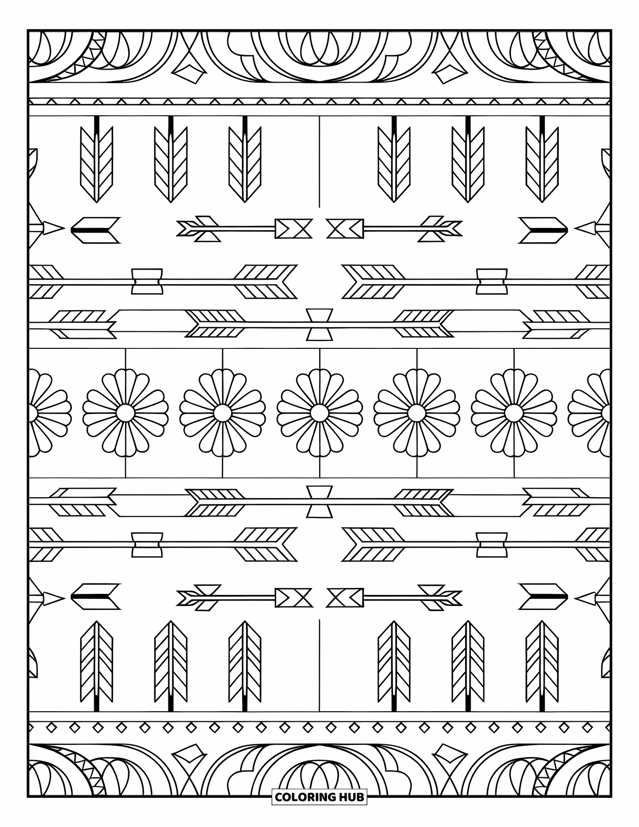 Bohemian Mandala Coloring Page for Adults: A circular boho design with tribal arrows and floral details in alternating rows